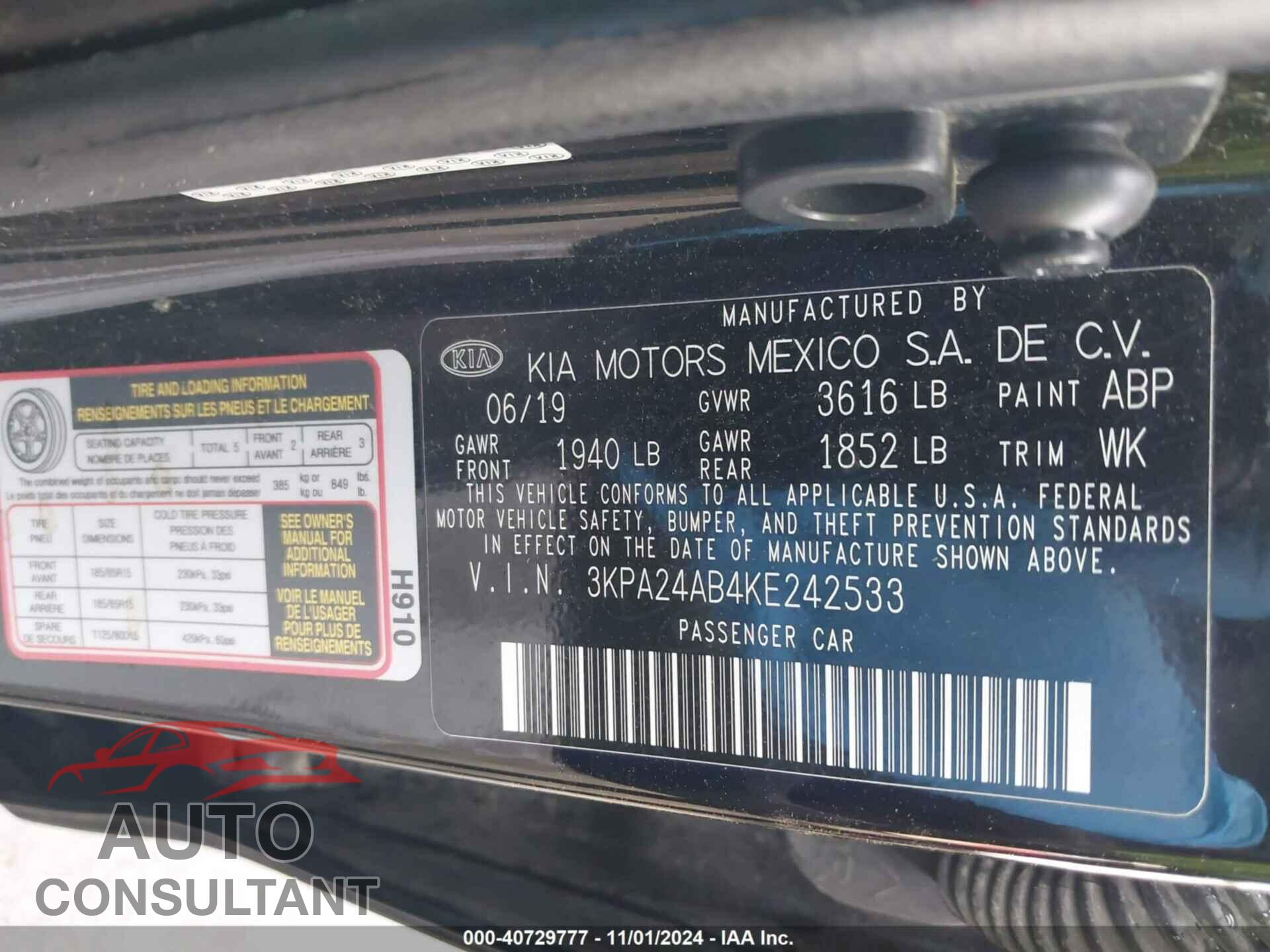 KIA RIO 2019 - 3KPA24AB4KE242533