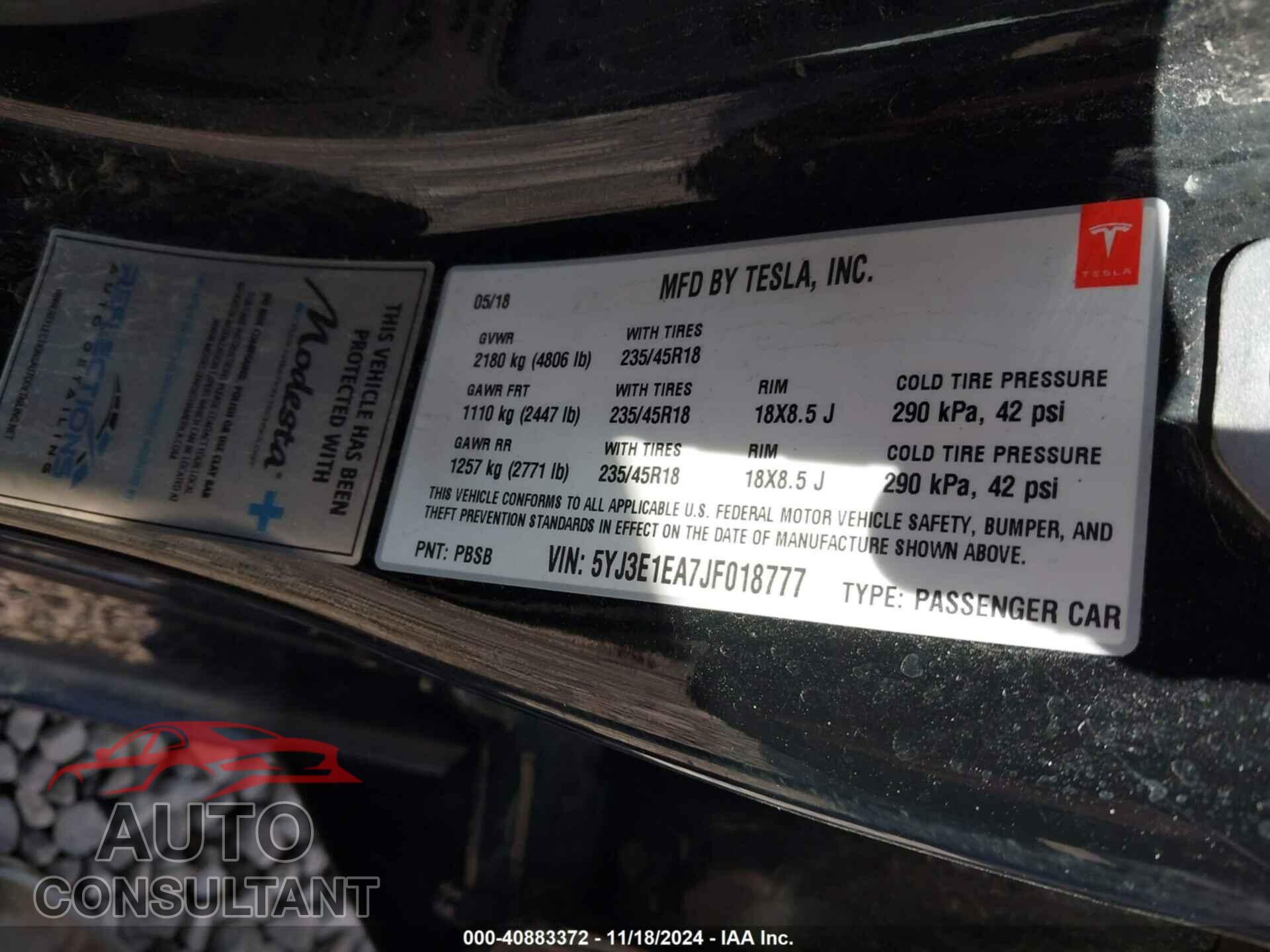 TESLA MODEL 3 2018 - 5YJ3E1EA7JF018777