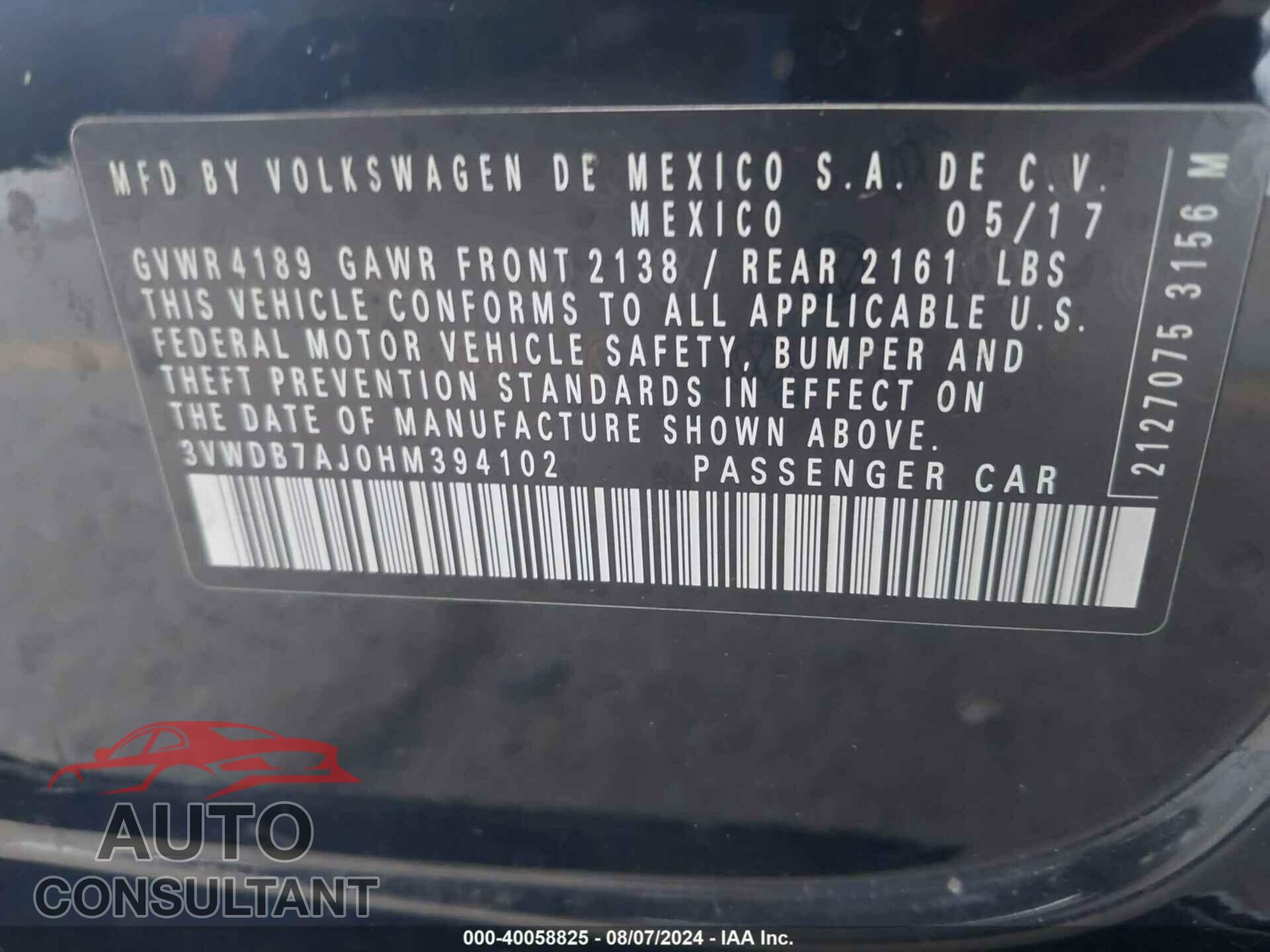 VOLKSWAGEN JETTA 2017 - 3VWDB7AJ0HM394102