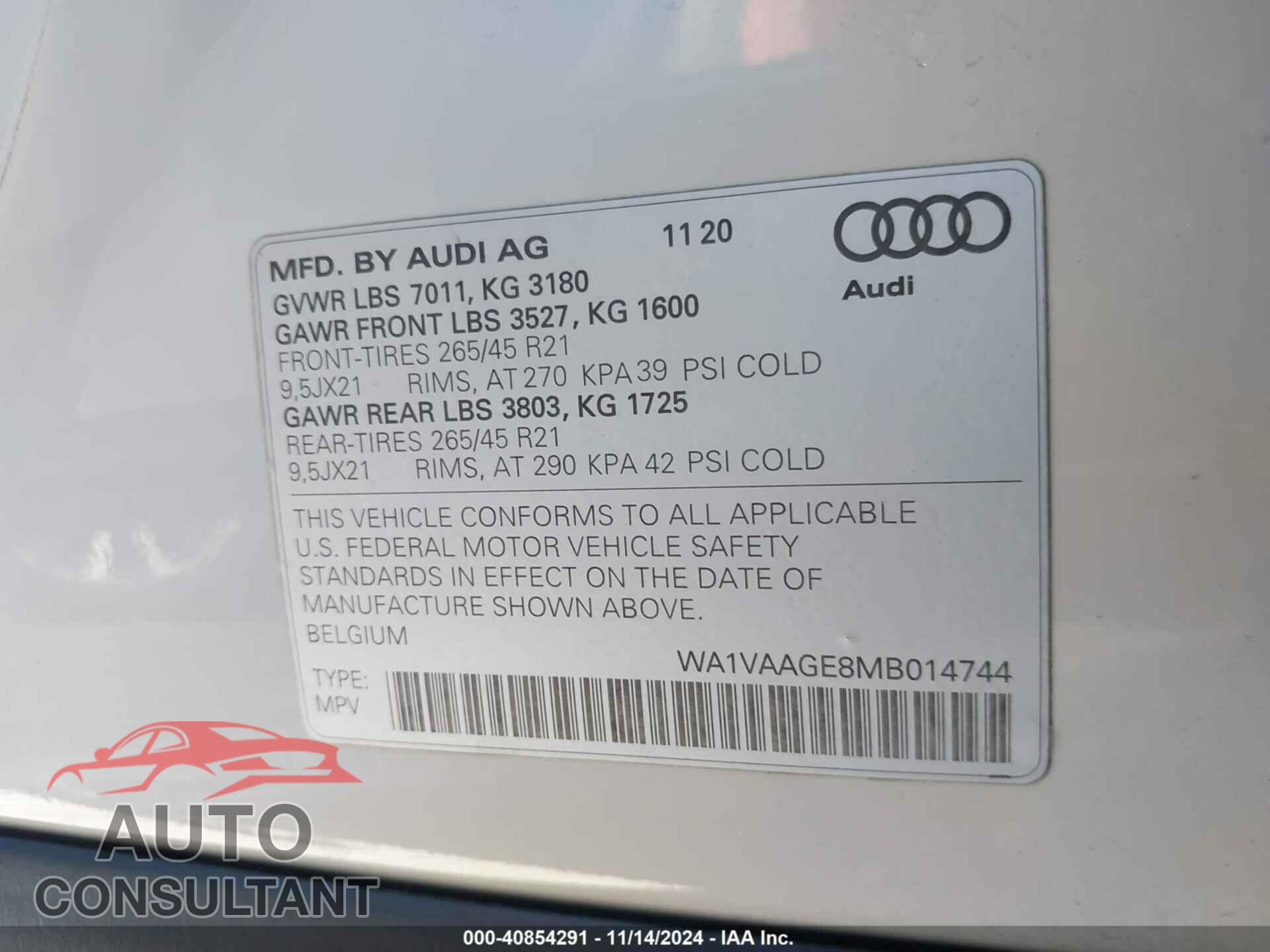AUDI E-TRON 2021 - WA1VAAGE8MB014744