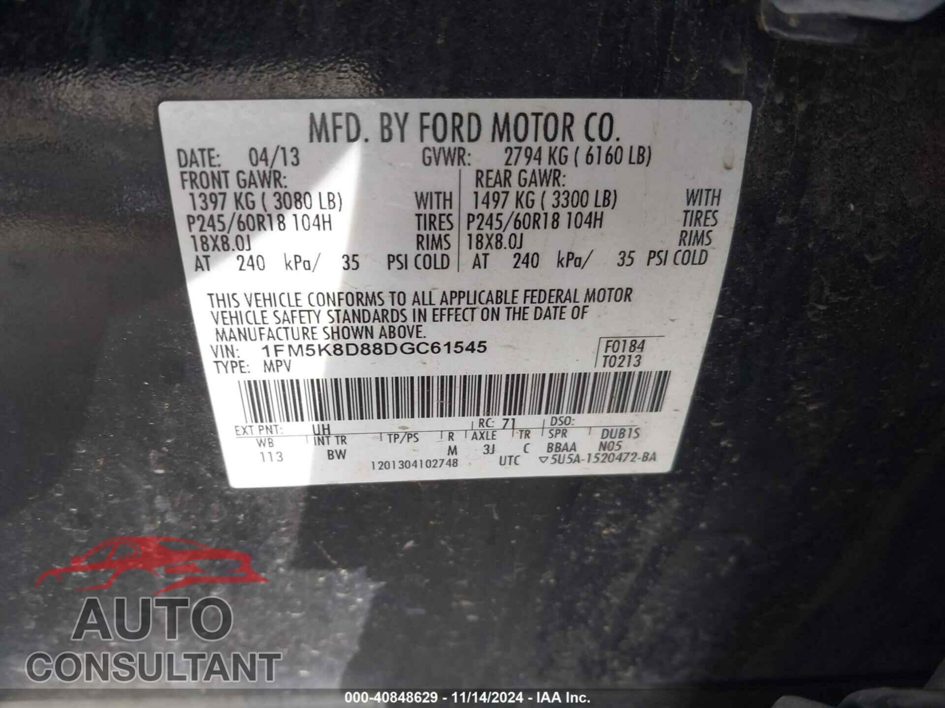 FORD EXPLORER 2013 - 1FM5K8D88DGC61545