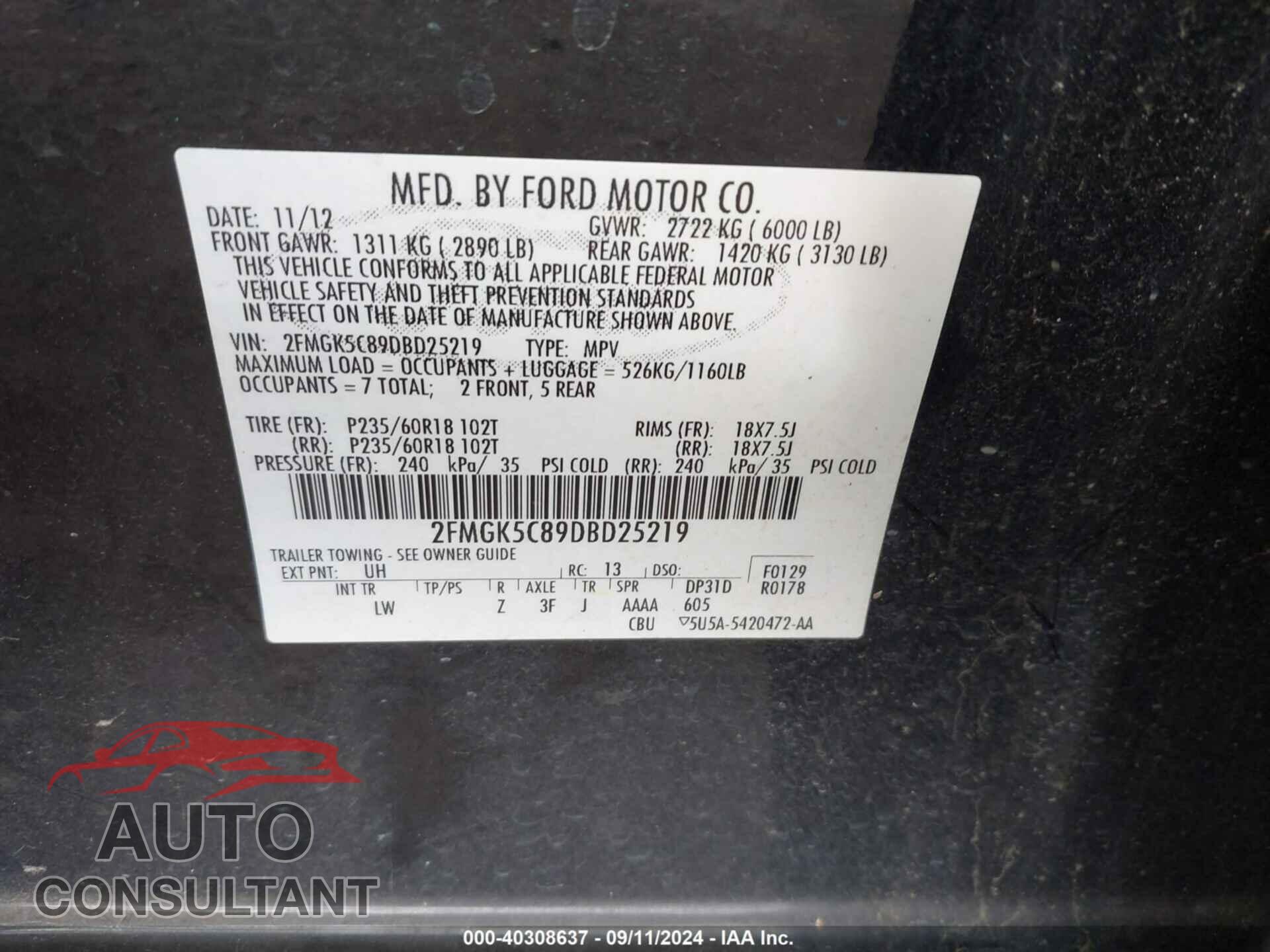 FORD FLEX 2013 - 2FMGK5C89DBD25219