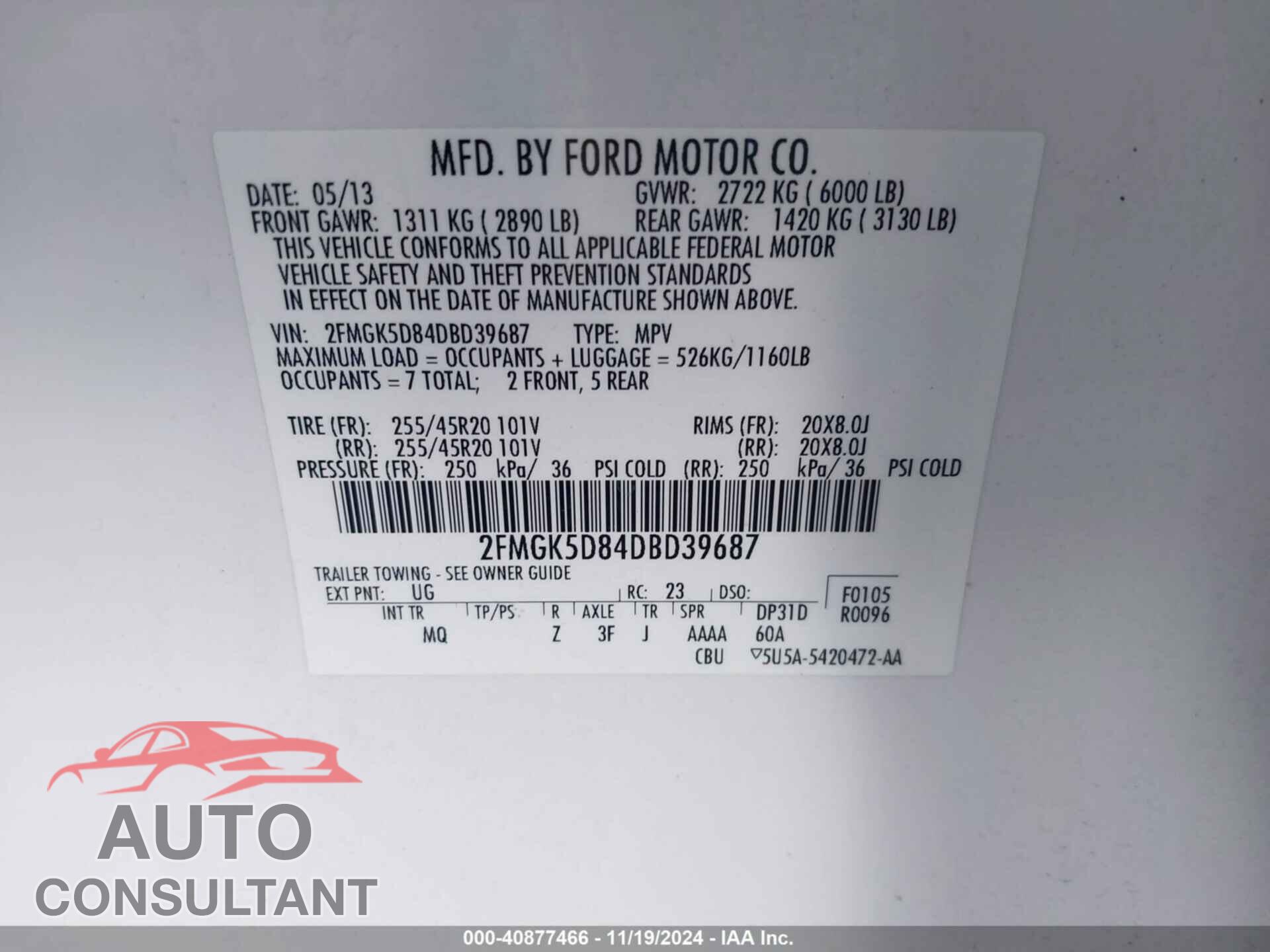 FORD FLEX 2013 - 2FMGK5D84DBD39687
