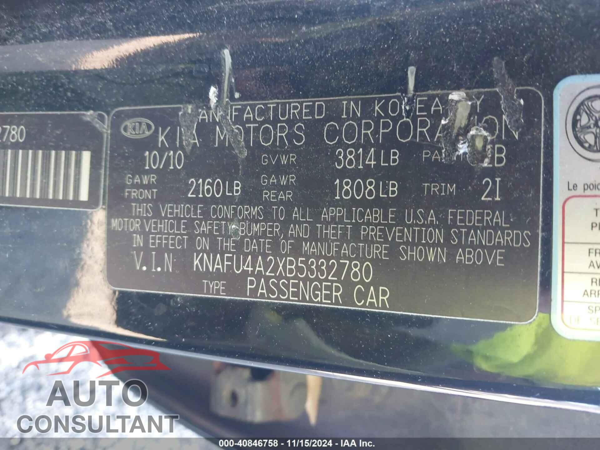 KIA FORTE 2011 - KNAFU4A2XB5332780