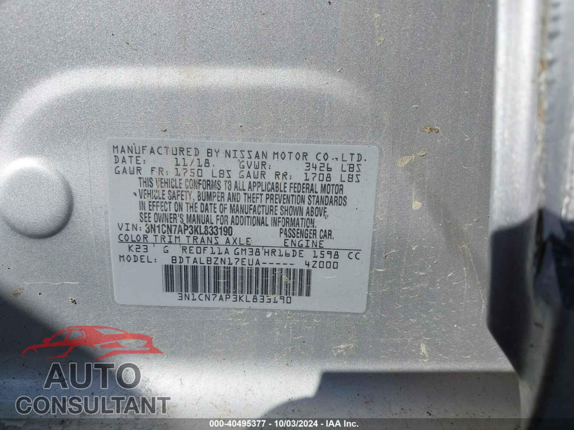 NISSAN VERSA 2019 - 3N1CN7AP3KL833190