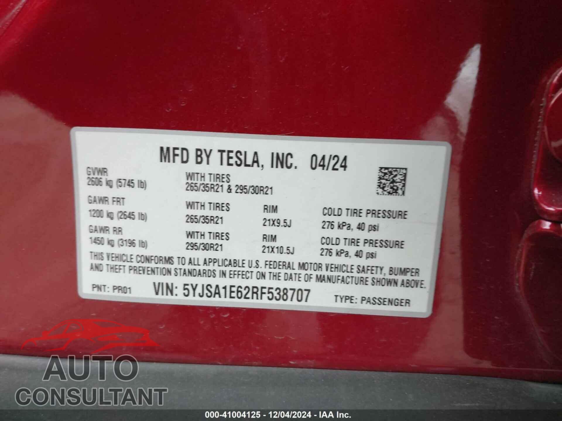 TESLA MODEL S 2024 - 5YJSA1E62RF538707
