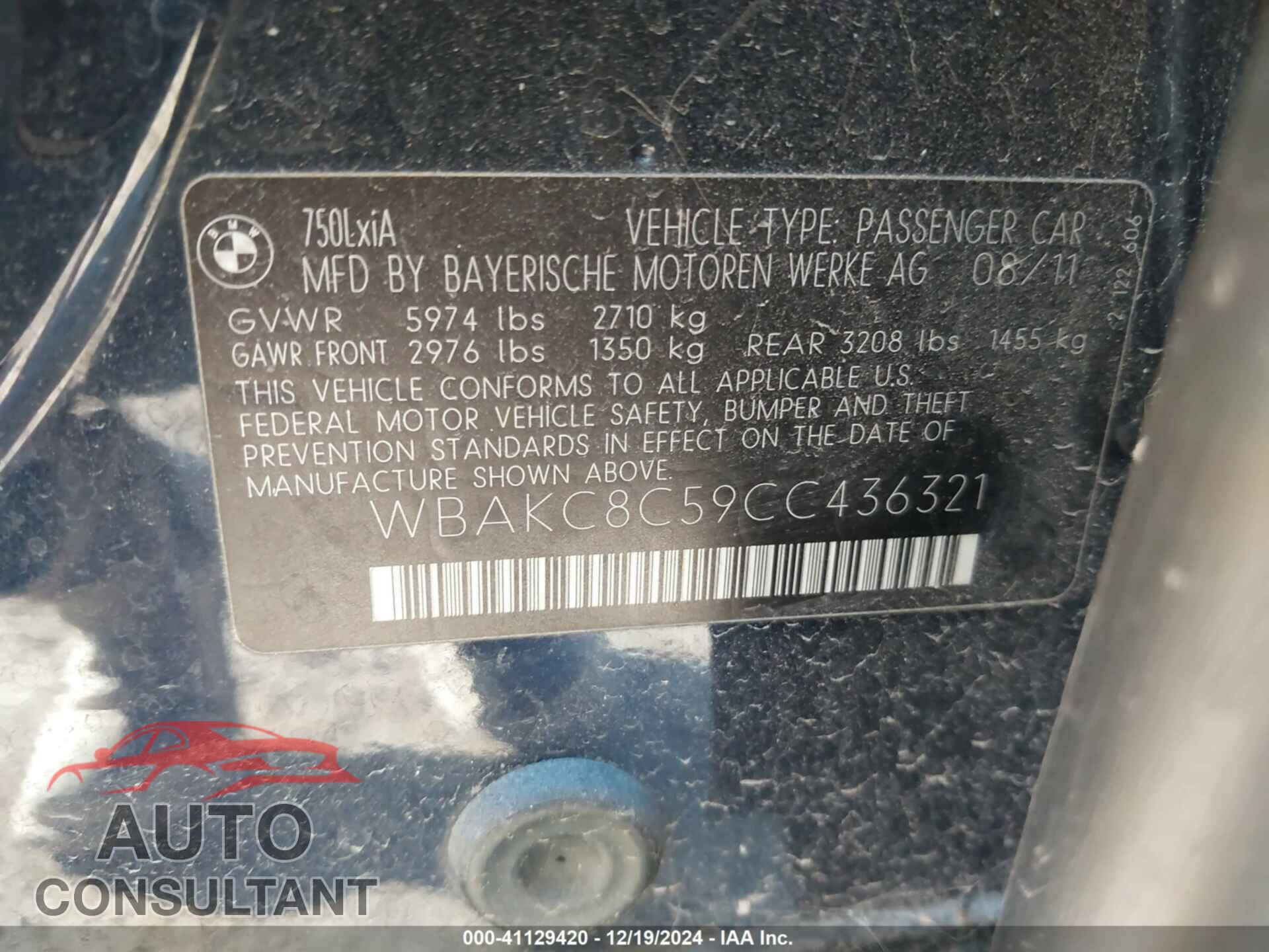 BMW 750LI 2012 - WBAKC8C59CC436321