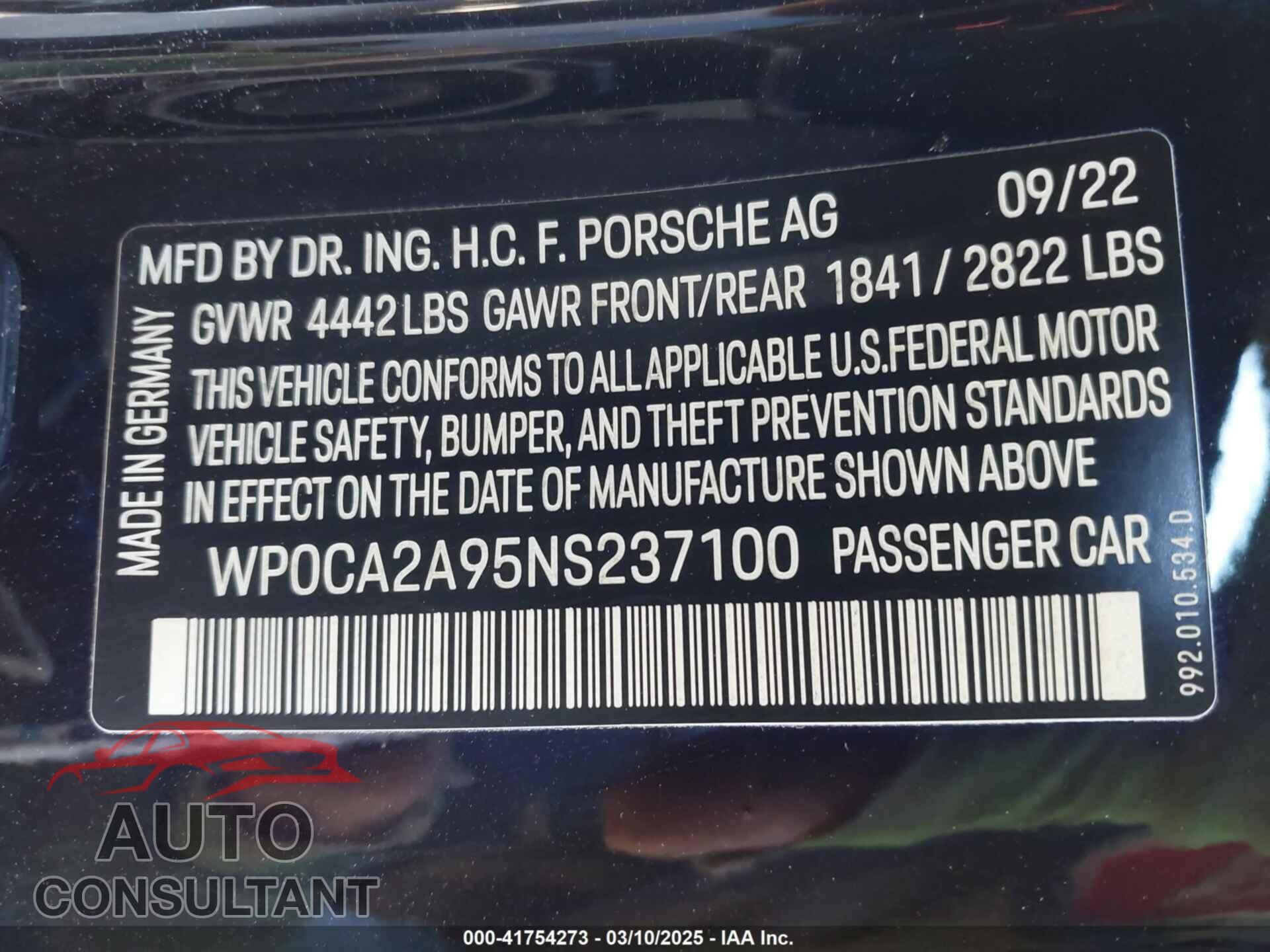 PORSCHE 911 2022 - WP0CA2A95NS237100