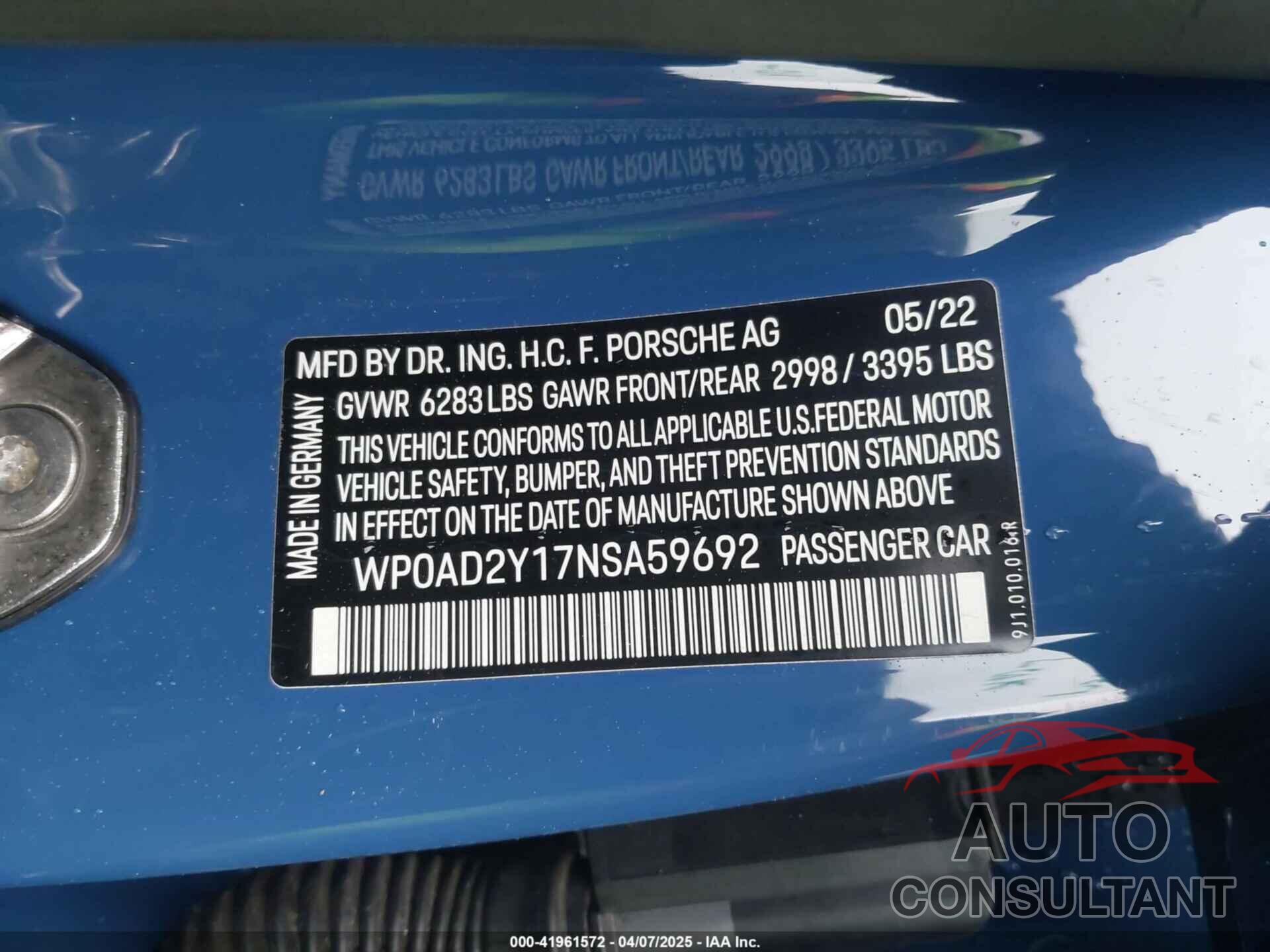 PORSCHE TAYCAN 2022 - WP0AD2Y17NSA59692