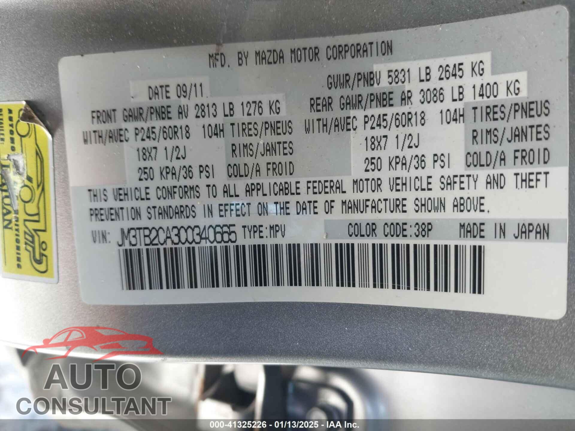 MAZDA CX-9 2012 - JM3TB2CA3C0340665