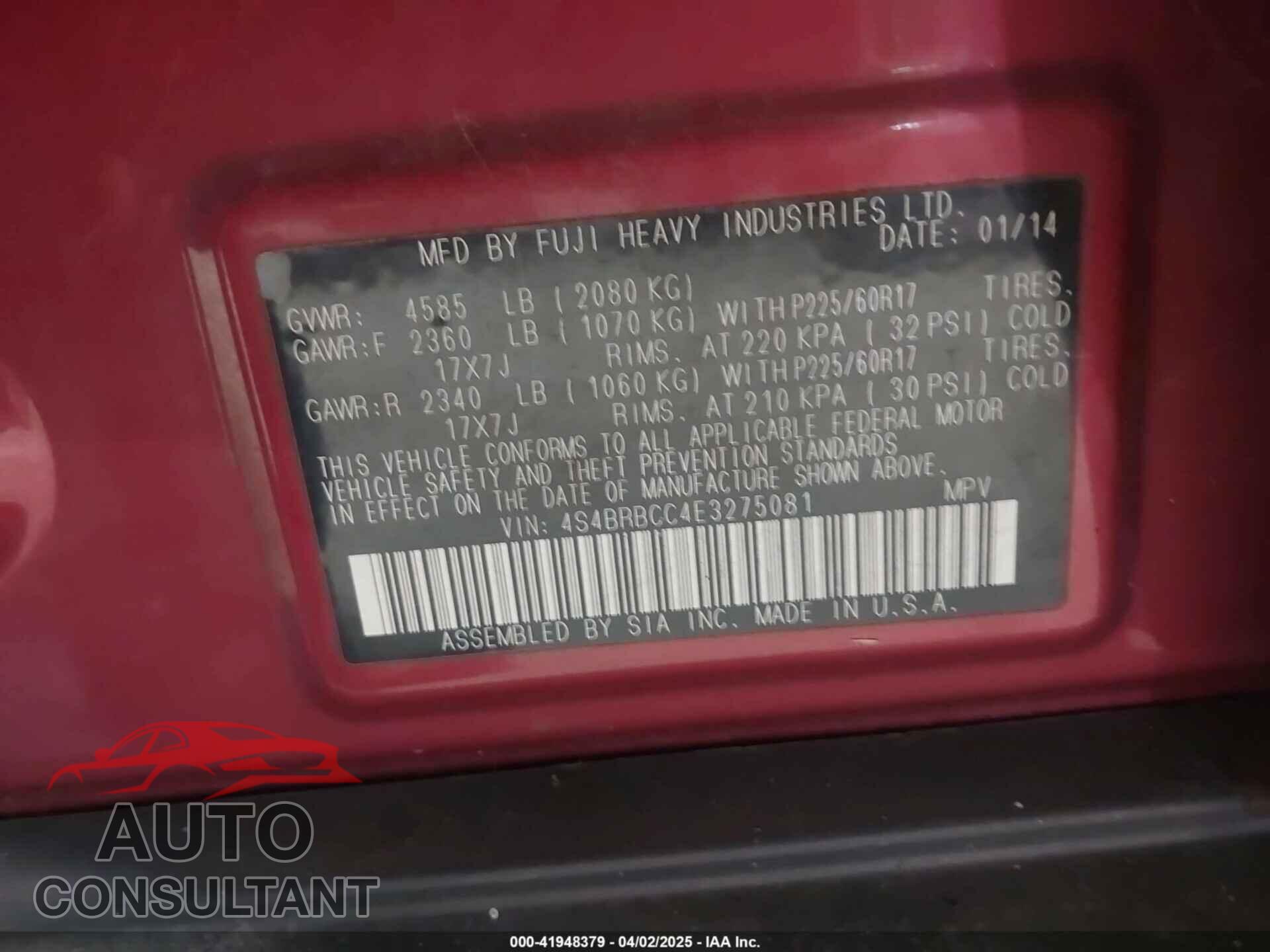 SUBARU OUTBACK 2014 - 4S4BRBCC4E3275081