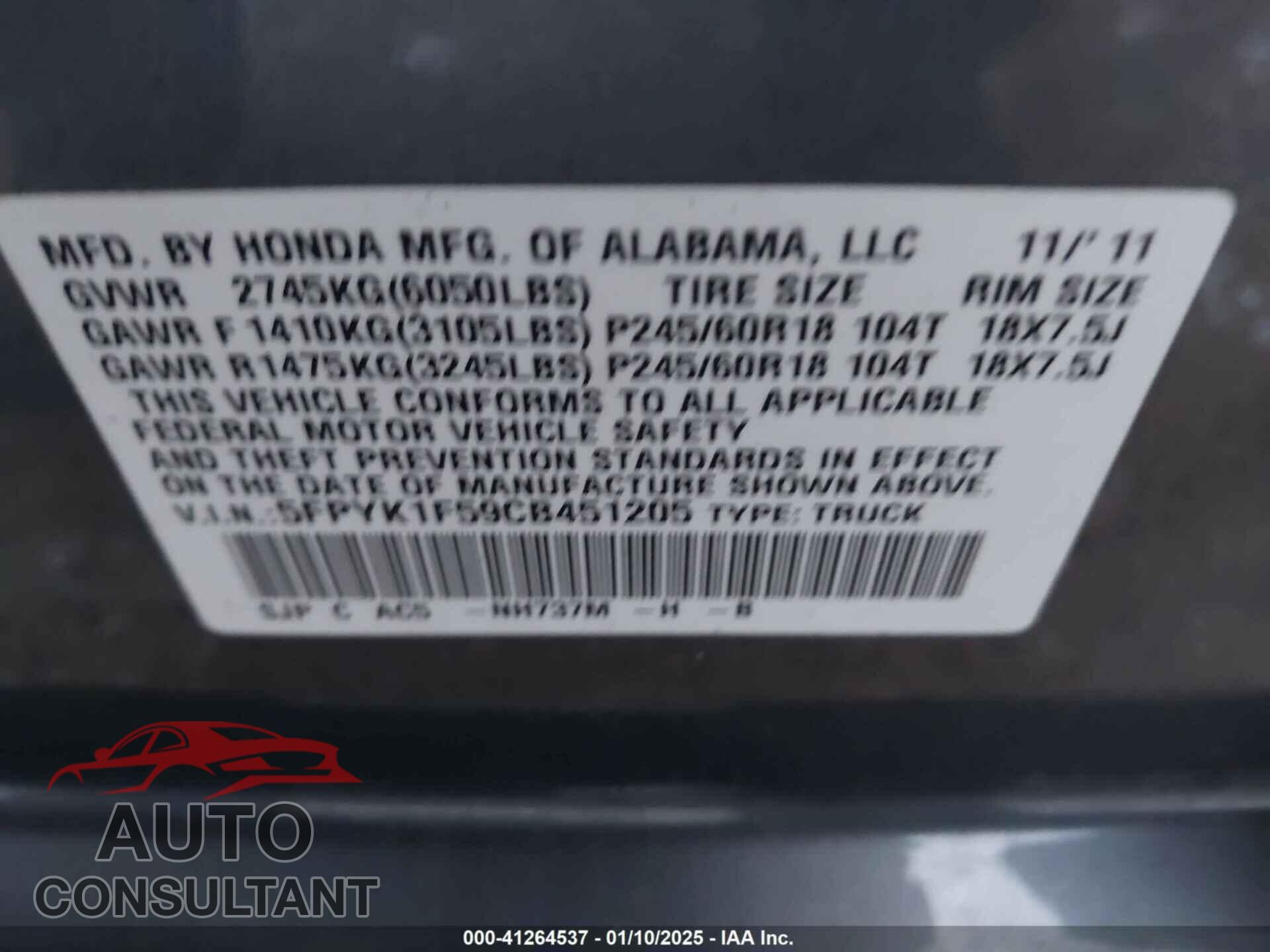 HONDA RIDGELINE 2012 - 5FPYK1F59CB451205