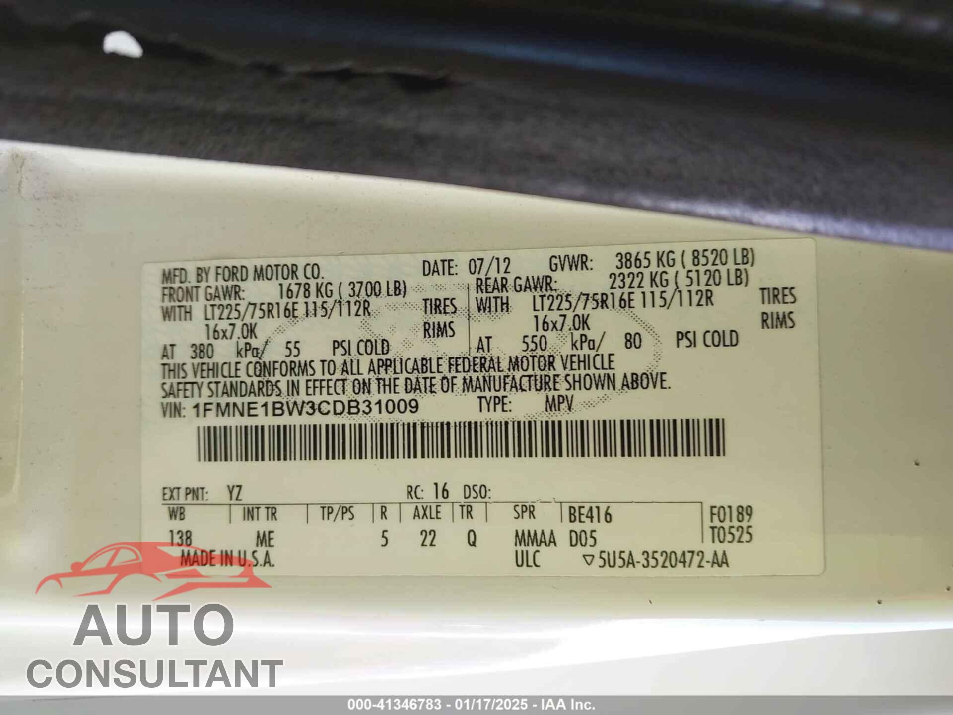 FORD E-150 2012 - 1FMNE1BW3CDB31009