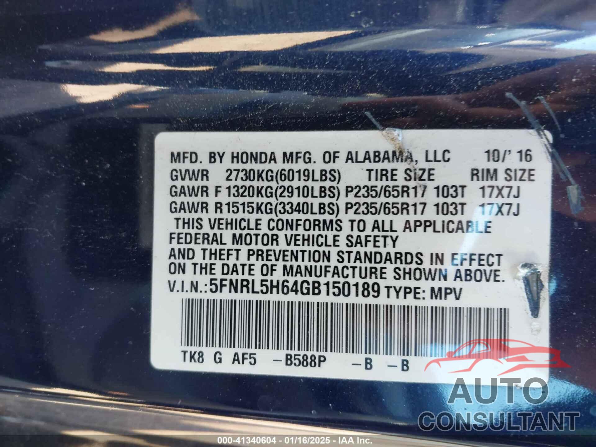 HONDA ODYSSEY 2016 - 5FNRL5H64GB150189