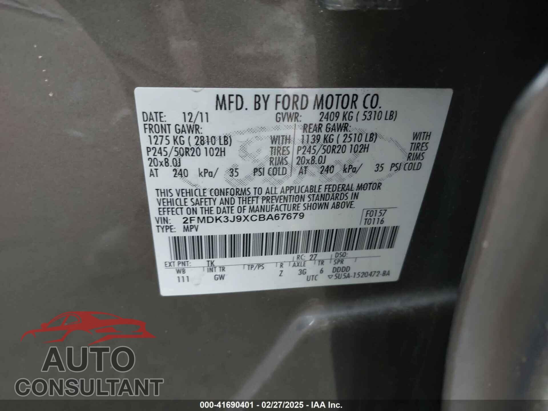 FORD EDGE 2012 - 2FMDK3J9XCBA67679