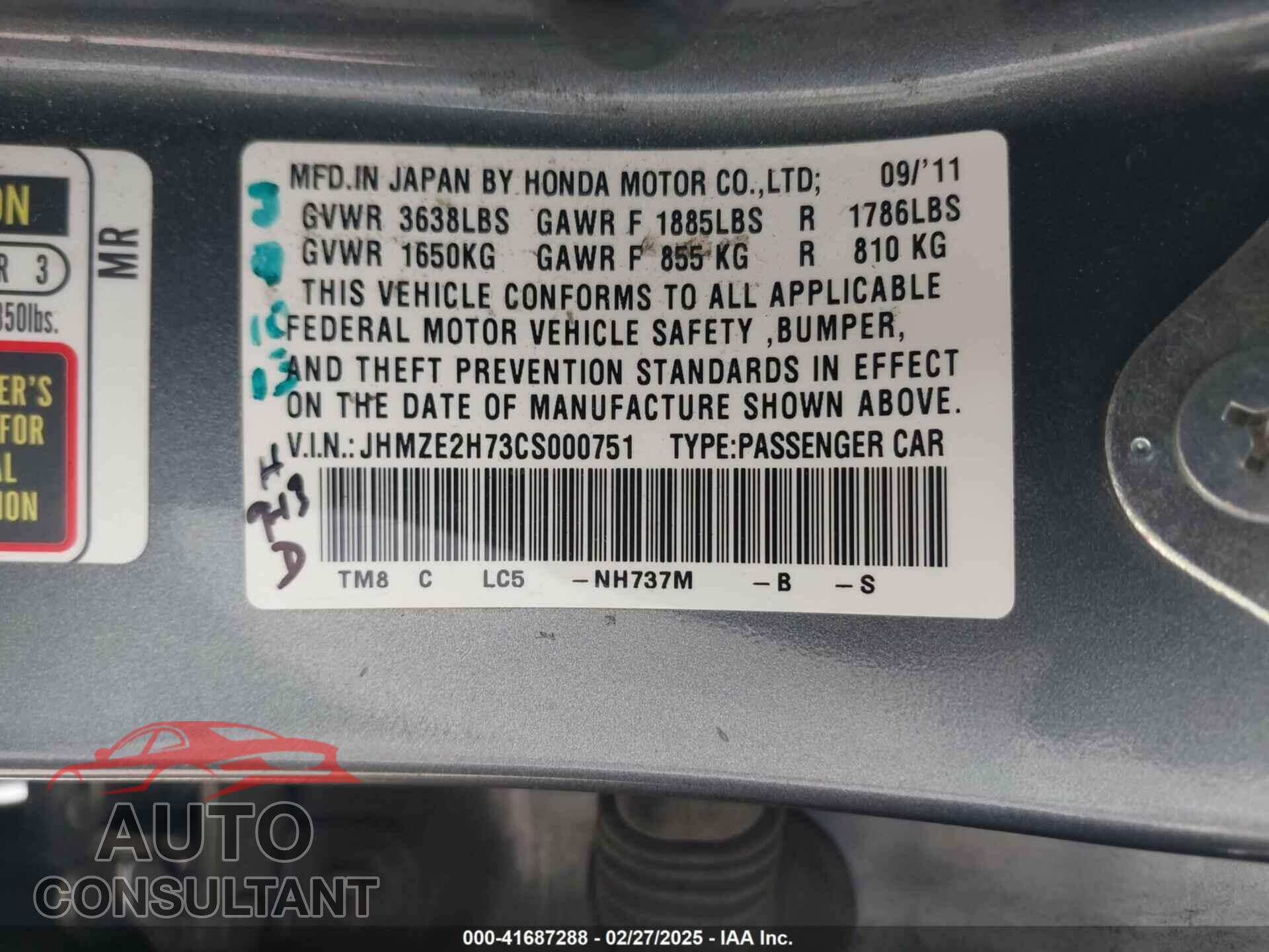 HONDA INSIGHT 2012 - JHMZE2H73CS000751