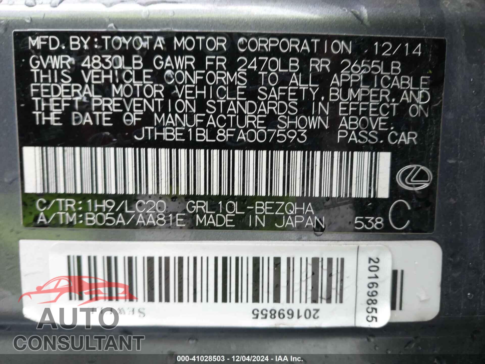 LEXUS GS 350 2015 - JTHBE1BL8FA007593