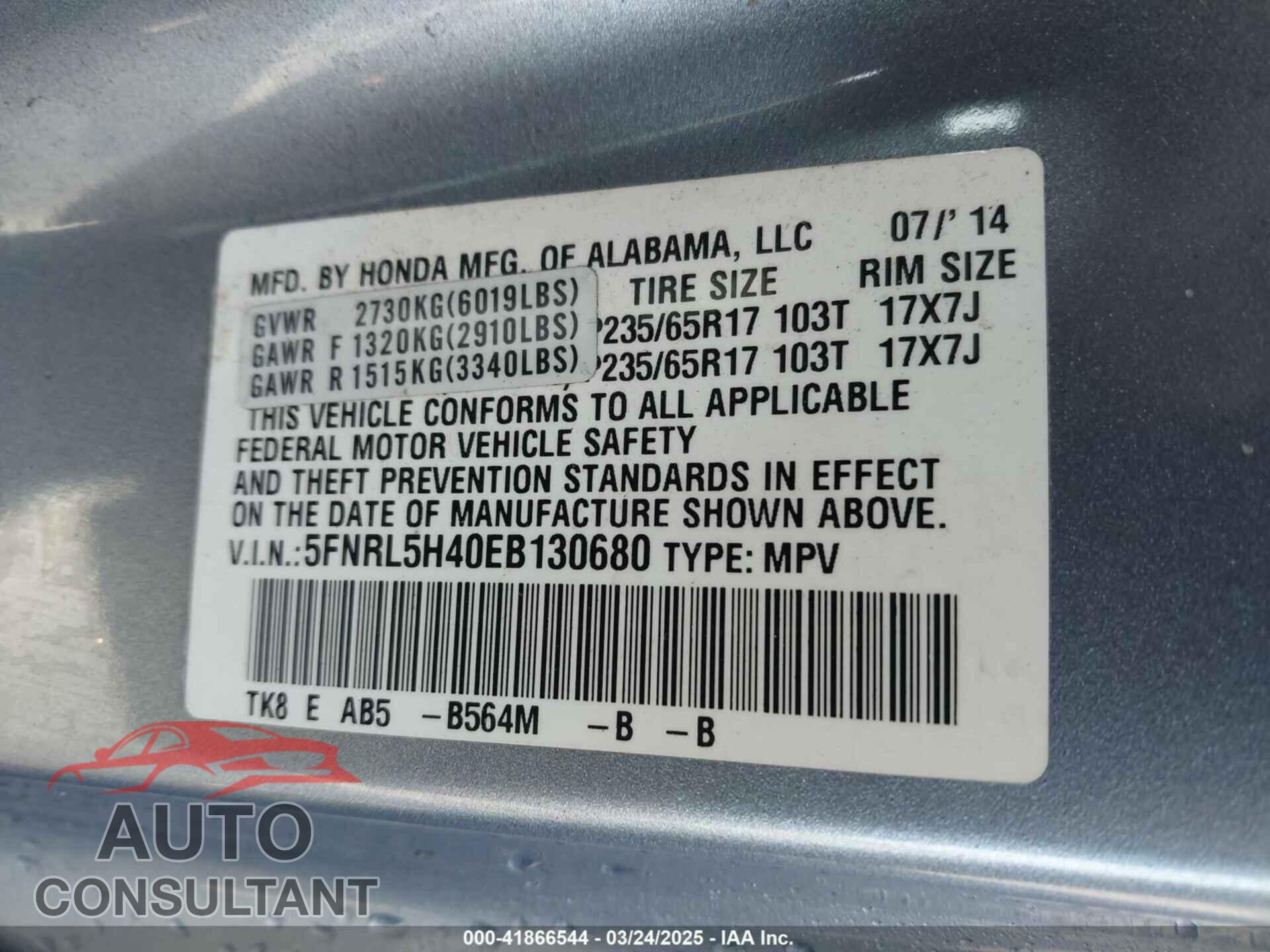 HONDA ODYSSEY 2014 - 5FNRL5H40EB130680
