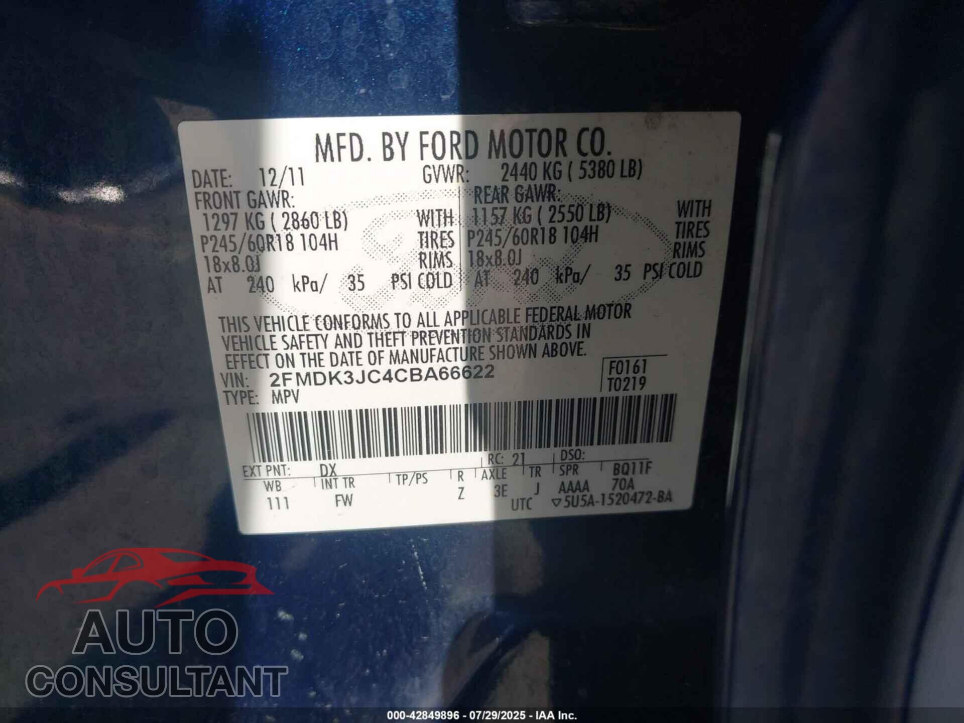 FORD EDGE 2012 - 2FMDK3JC4CBA66622
