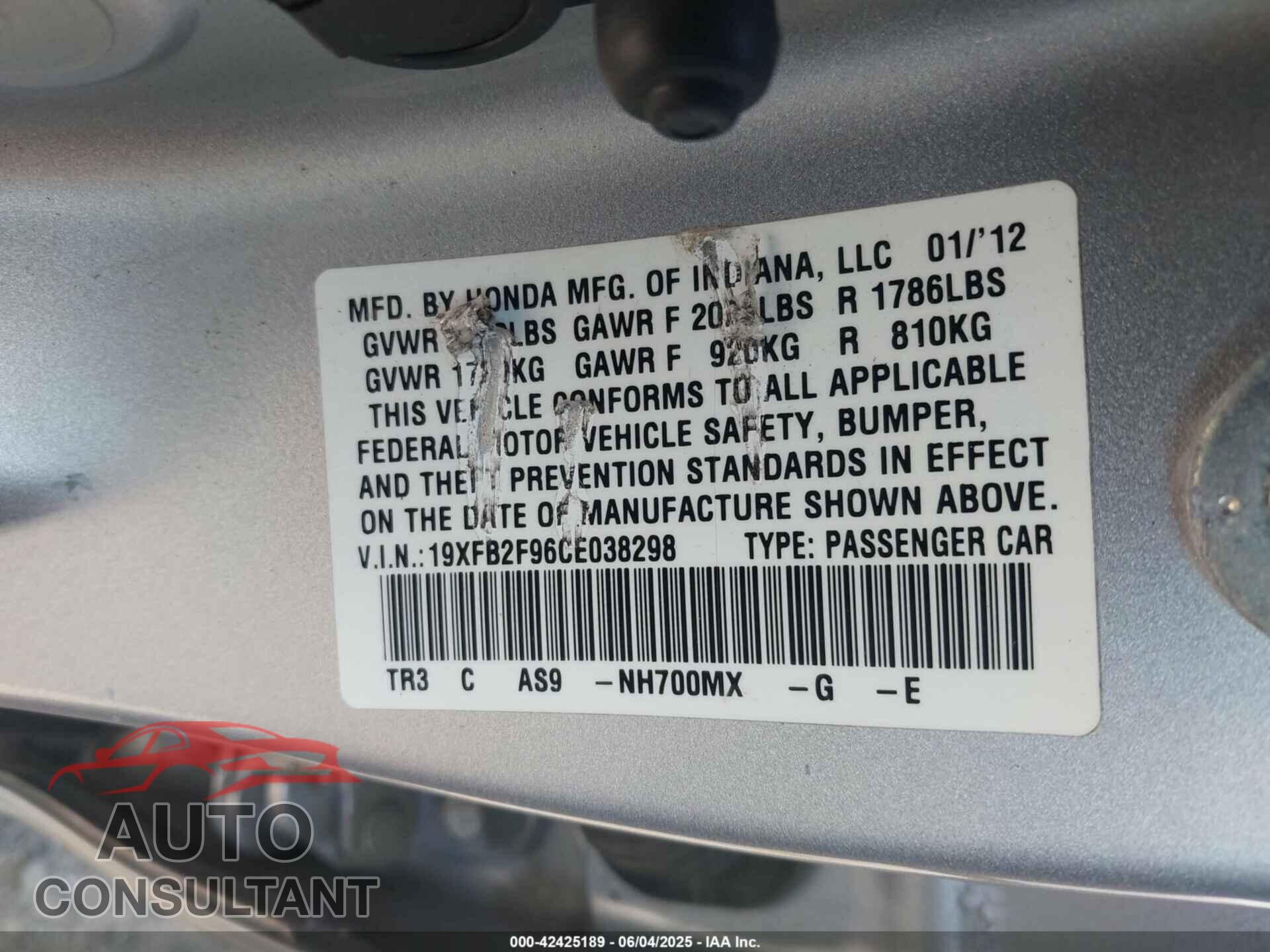 HONDA CIVIC 2012 - 19XFB2F96CE038298