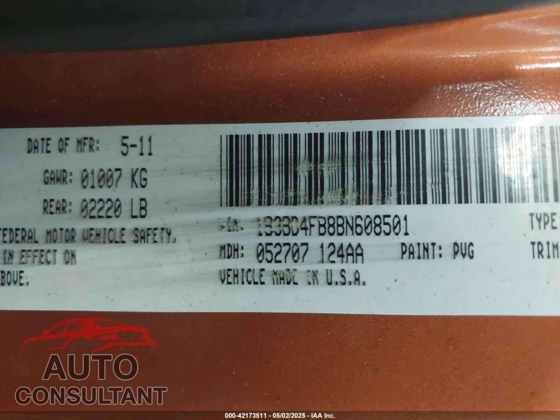DODGE AVENGER 2011 - 1B3BD4FB8BN608501