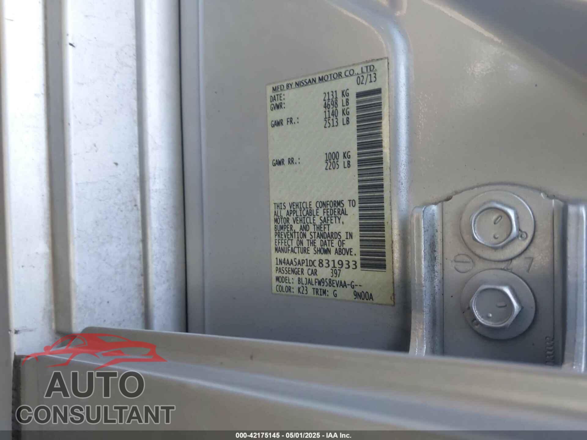 NISSAN MAXIMA 2013 - 1N4AA5AP1DC831933