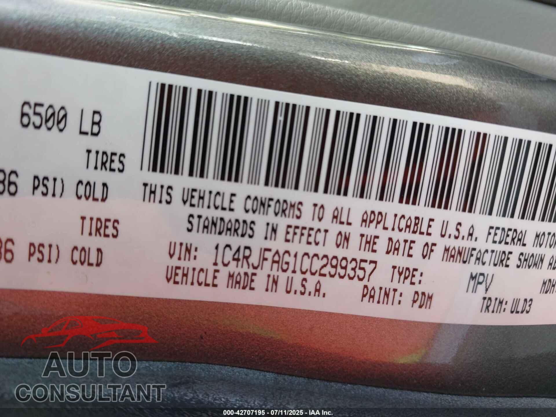 JEEP GRAND CHEROKEE 2012 - 1C4RJFAG1CC299357