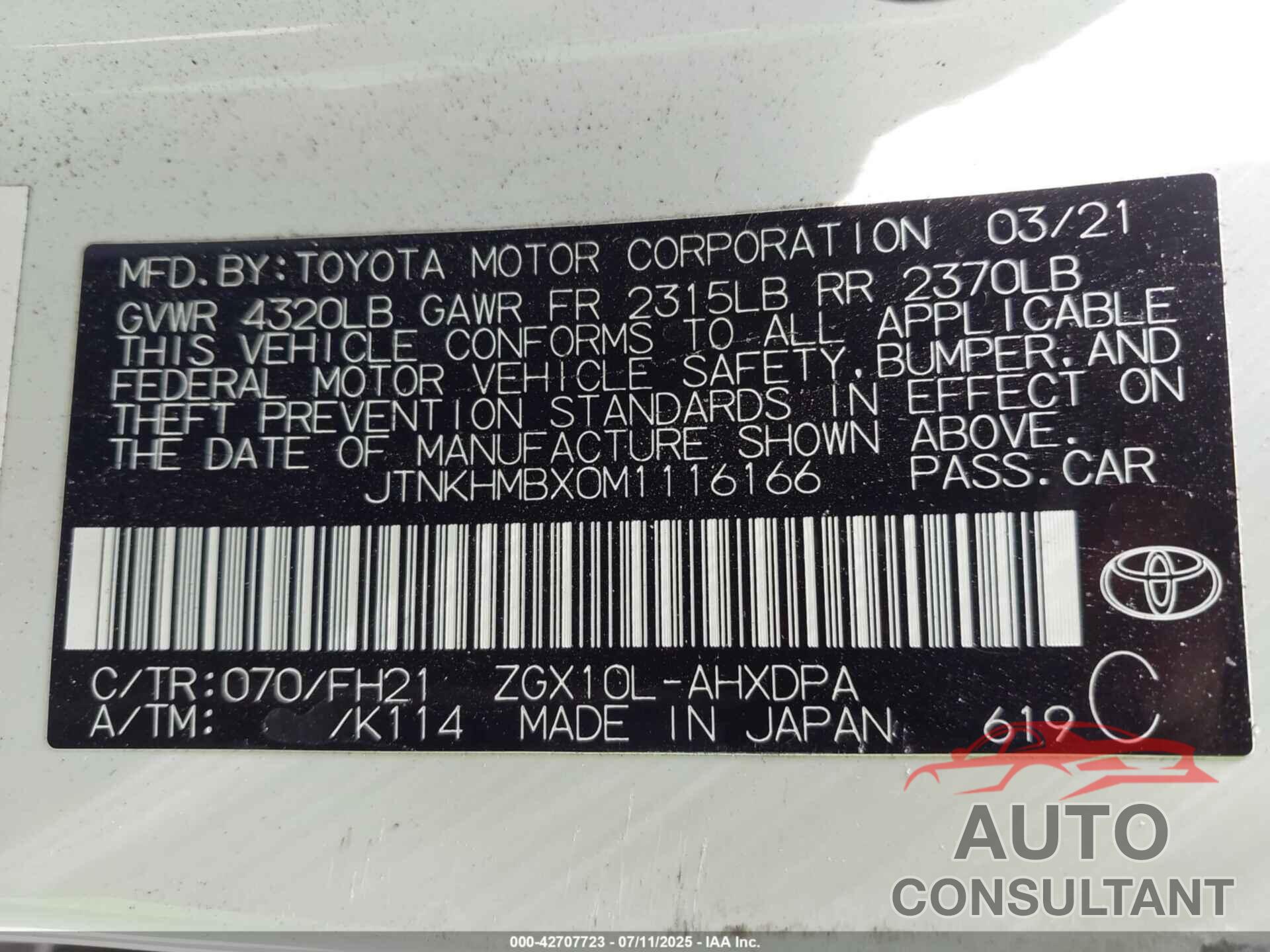 TOYOTA C-HR 2021 - JTNKHMBX0M1116166