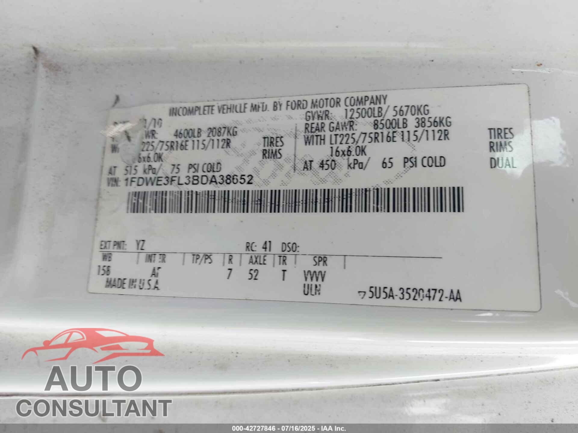 FORD E-350 CUTAWAY 2011 - 1FDWE3FL3BDA38652