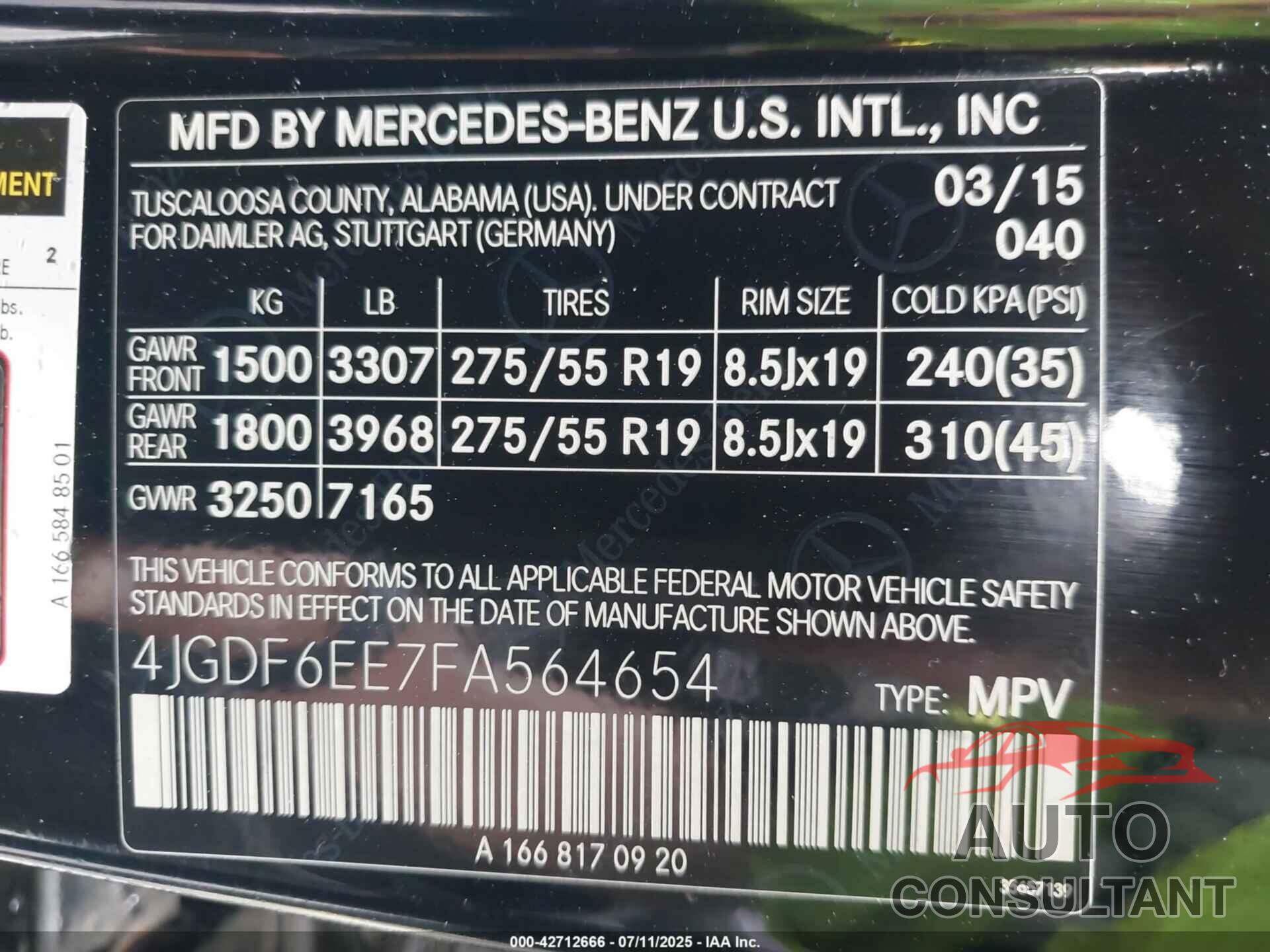 MERCEDES-BENZ GL 450 2015 - 4JGDF6EE7FA564654