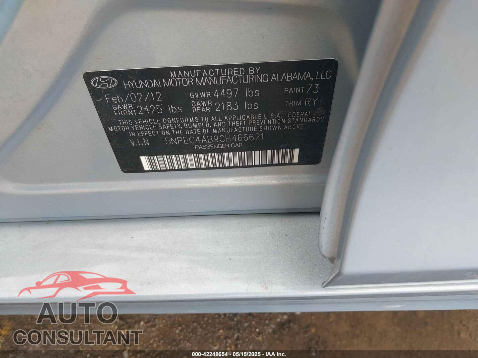 HYUNDAI SONATA 2012 - 5NPEC4AB9CH466621