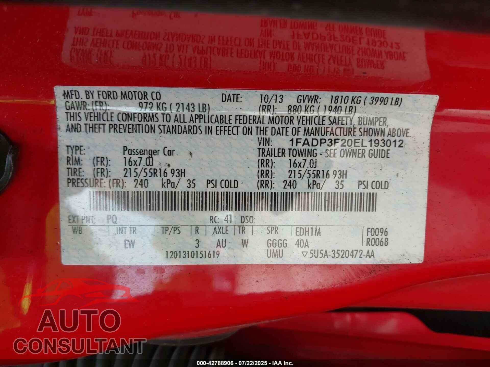 FORD FOCUS 2014 - 1FADP3F20EL193012