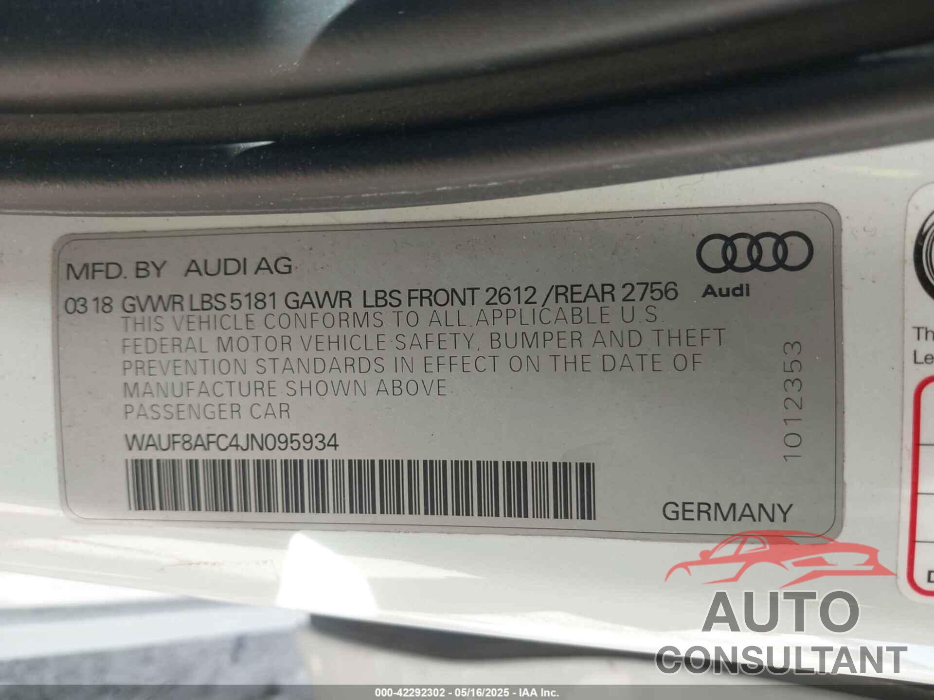 AUDI A6 2018 - WAUF8AFC4JN095934
