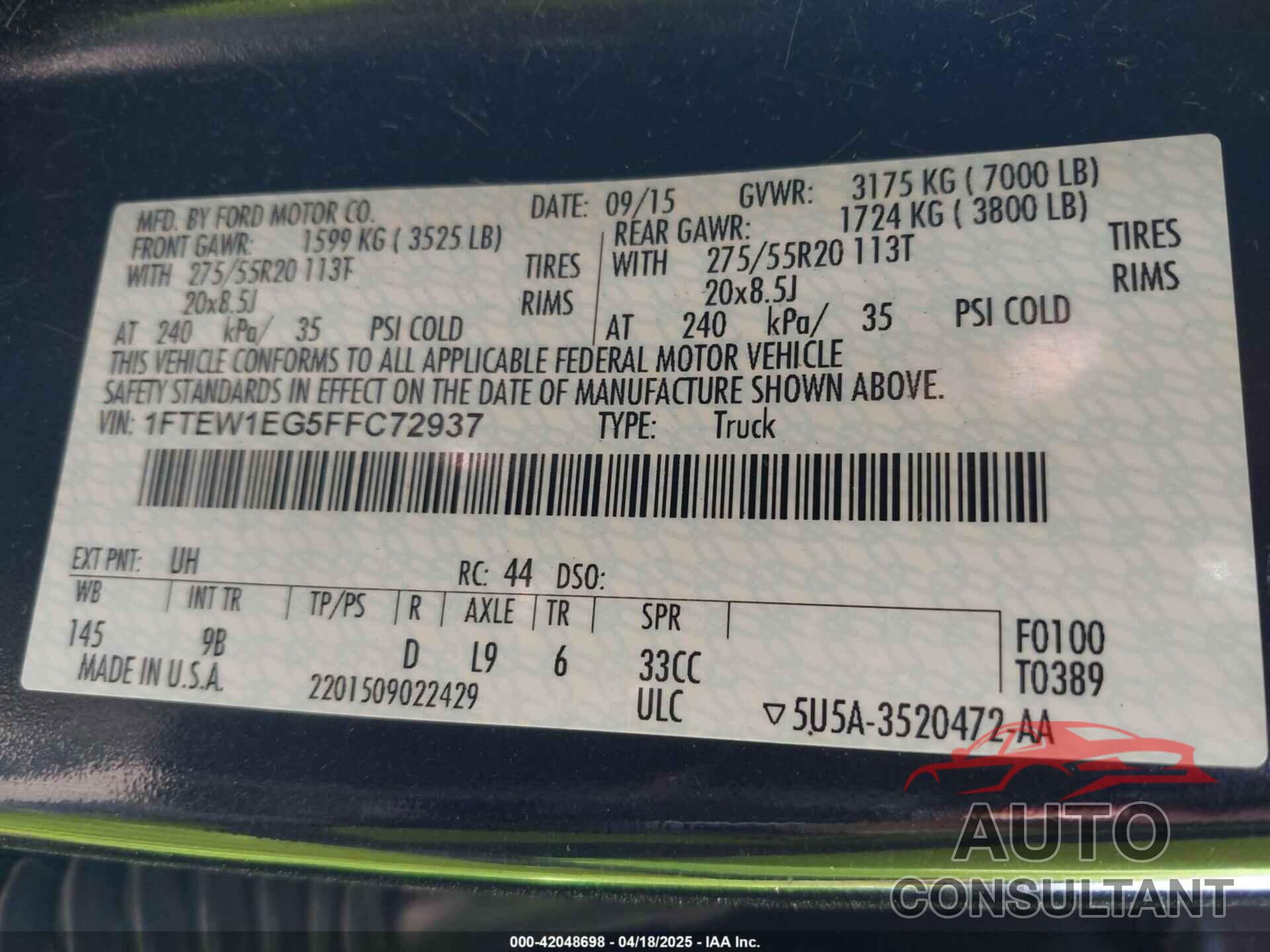 FORD F-150 2015 - 1FTEW1EG5FFC72937