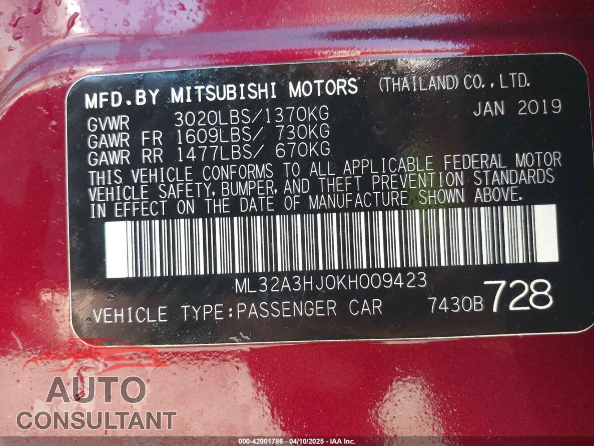 MITSUBISHI MIRAGE 2019 - ML32A3HJ0KH009423