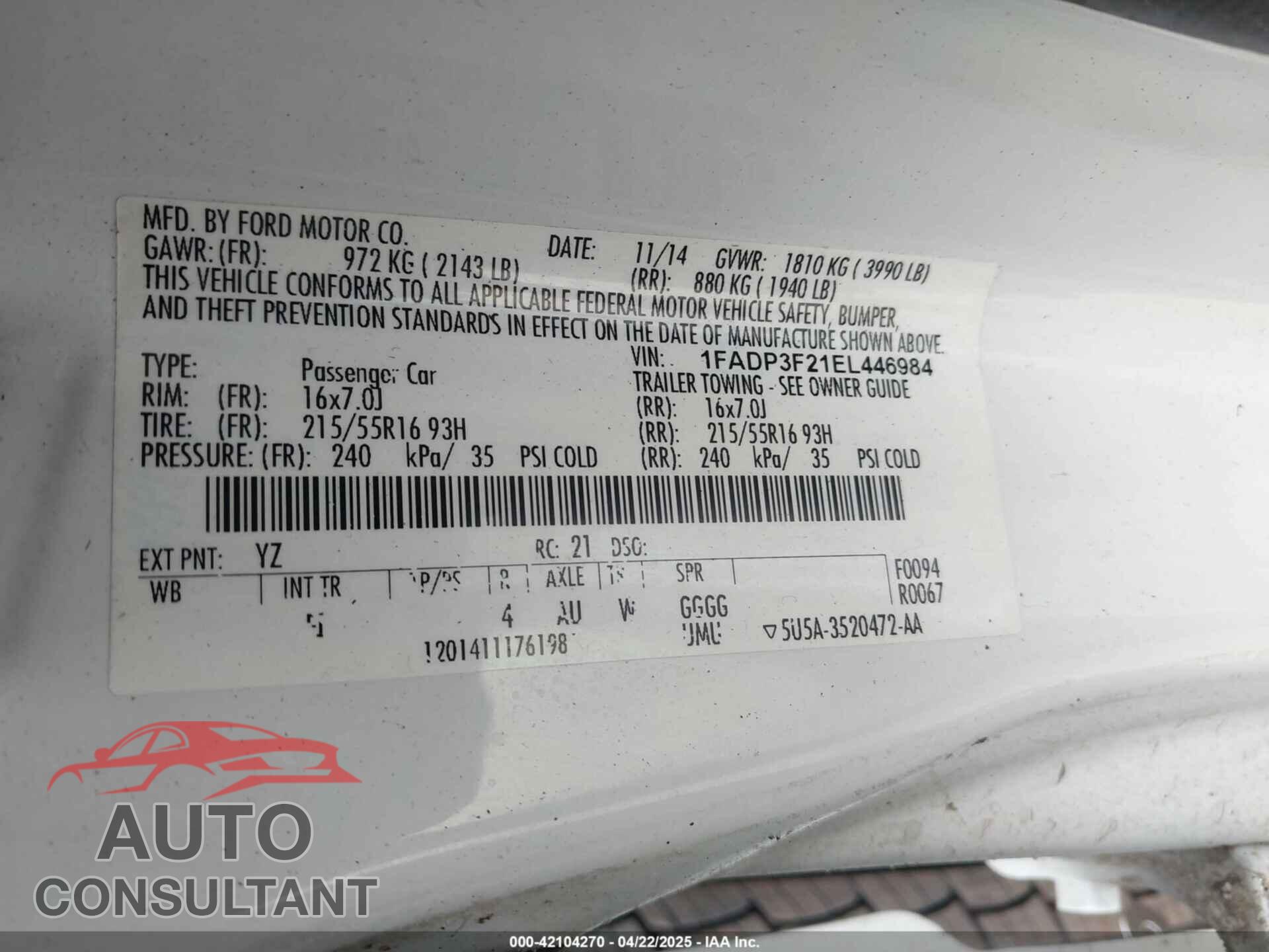 FORD FOCUS 2014 - 1FADP3F21EL446984