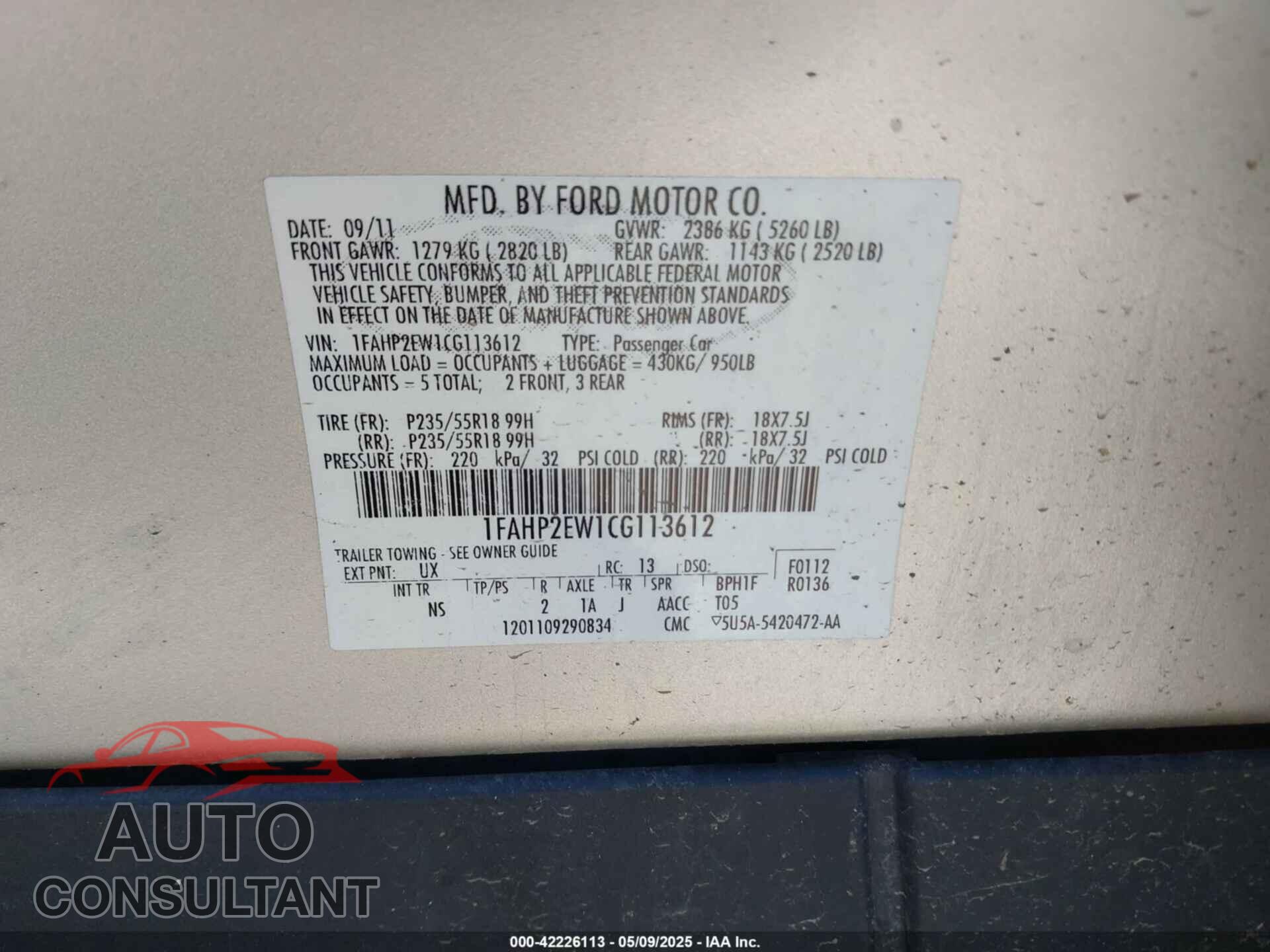 FORD TAURUS 2012 - 1FAHP2EW1CG113612