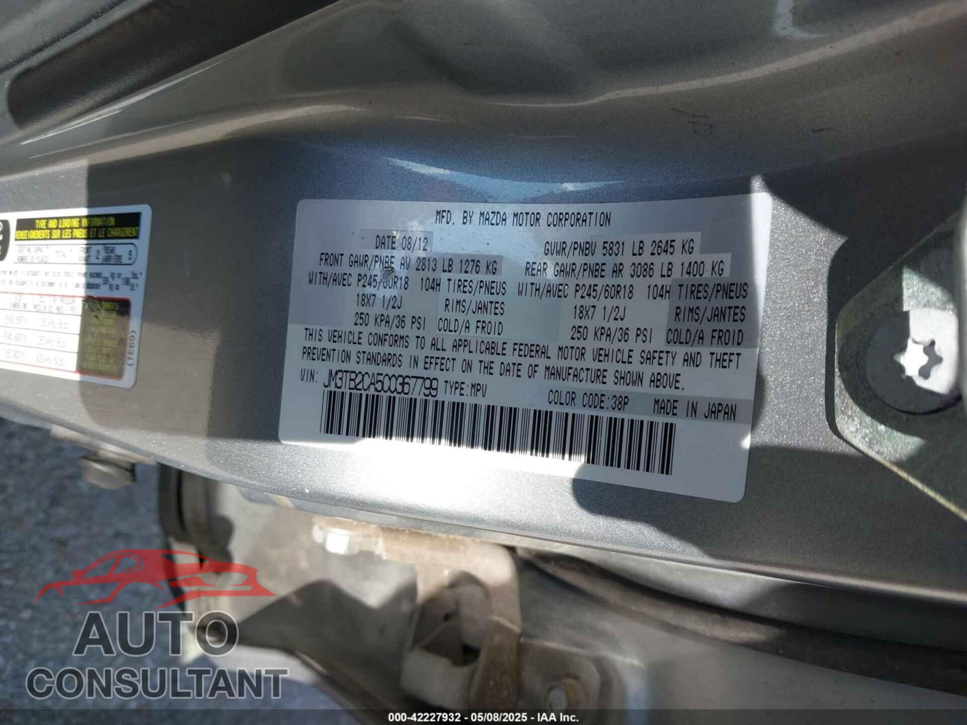 MAZDA CX-9 2012 - JM3TB2CA5C0367799