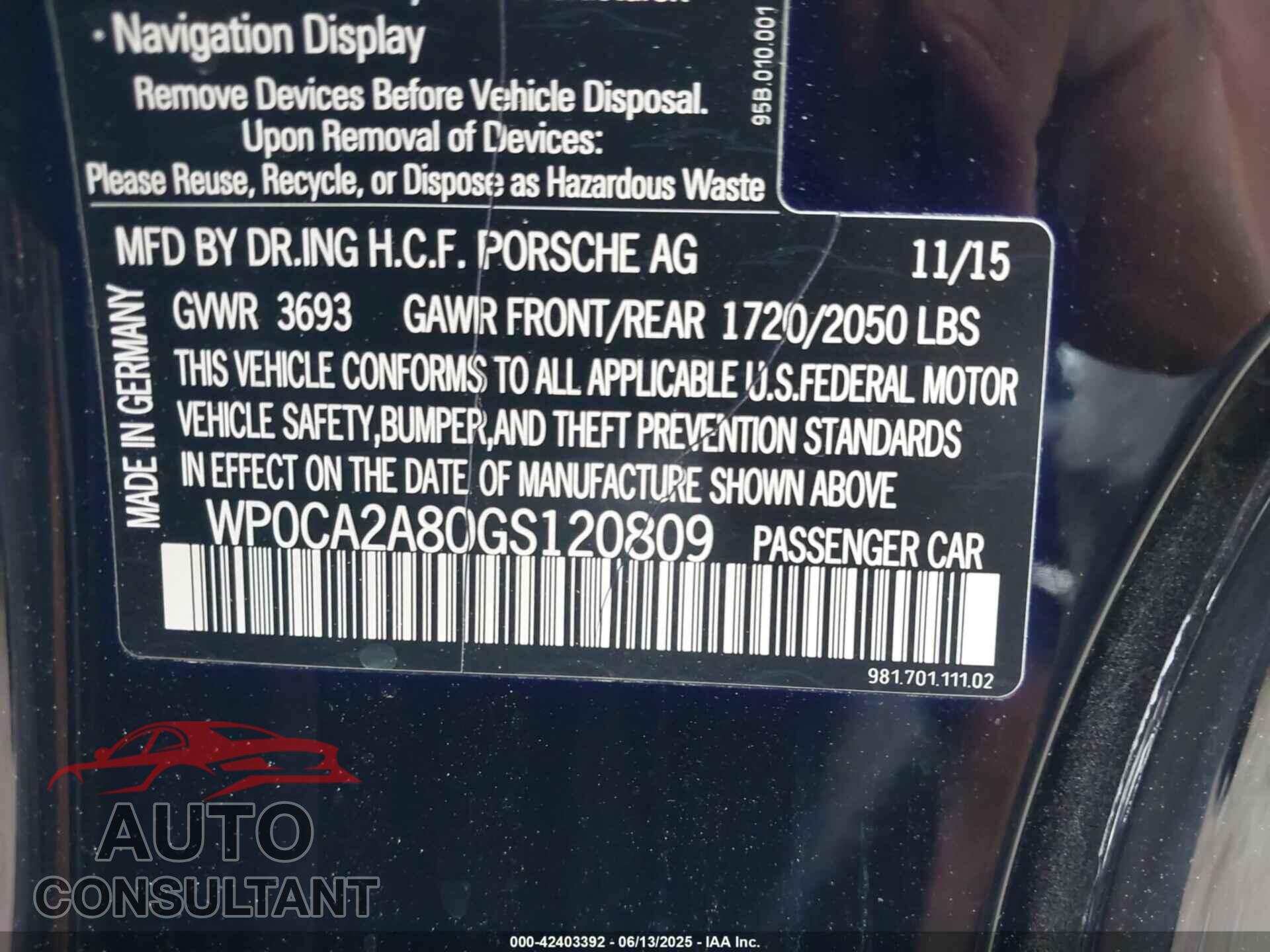 PORSCHE BOXSTER 2016 - WP0CA2A80GS120809
