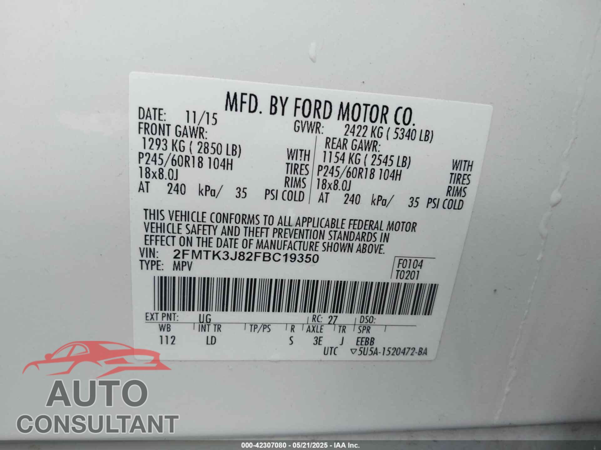 FORD EDGE 2015 - 2FMTK3J82FBC19350