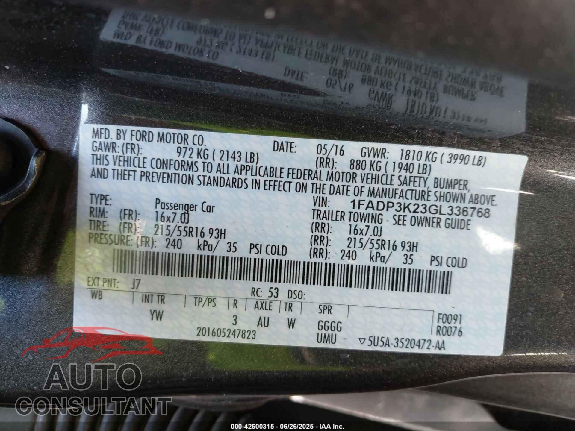 FORD FOCUS 2016 - 1FADP3K23GL336768