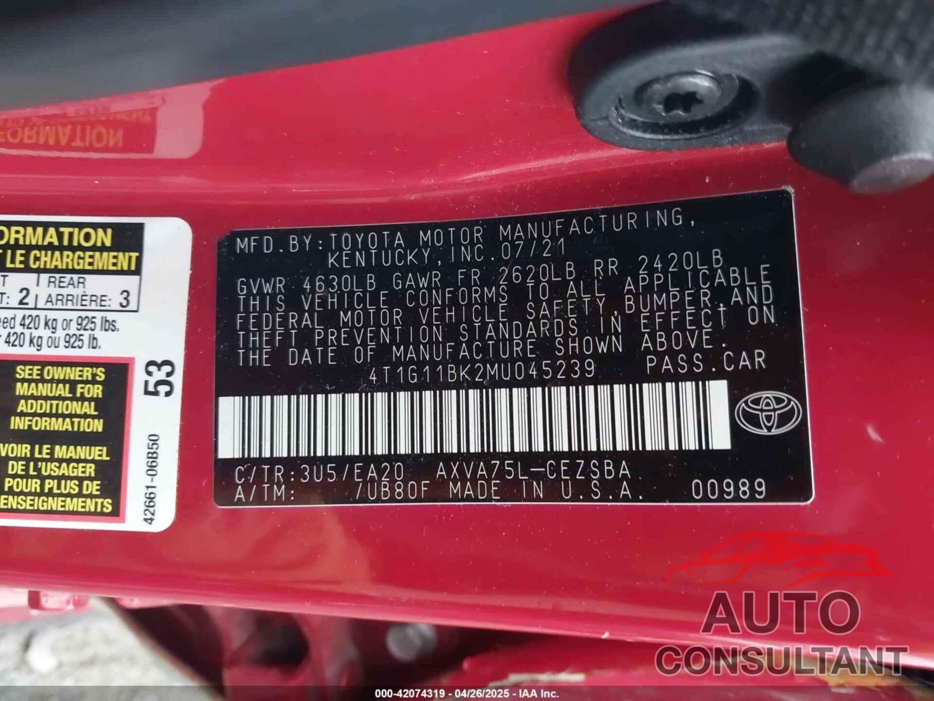 TOYOTA CAMRY 2021 - 4T1G11BK2MU045239