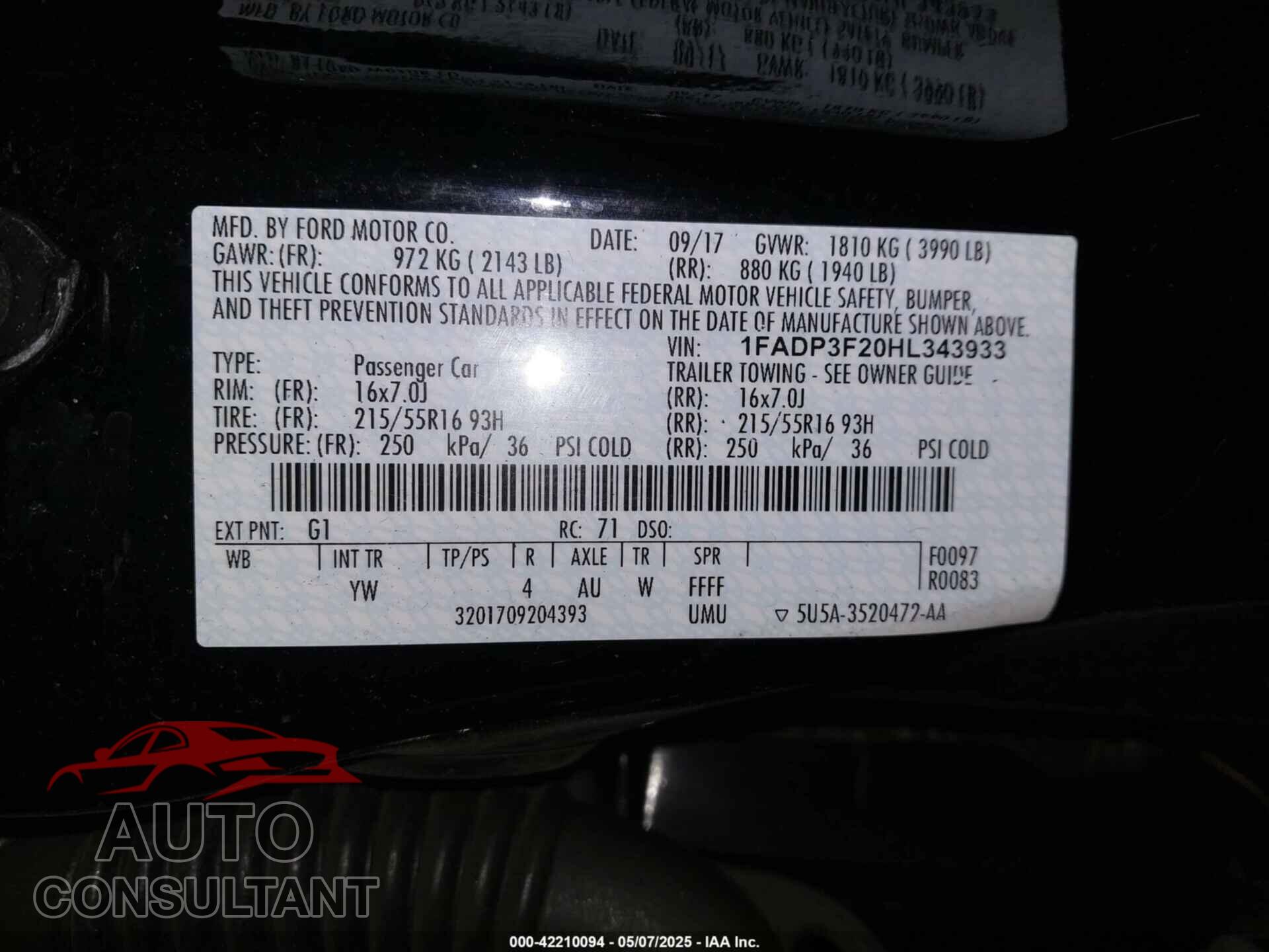 FORD FOCUS 2017 - 1FADP3F20HL343933