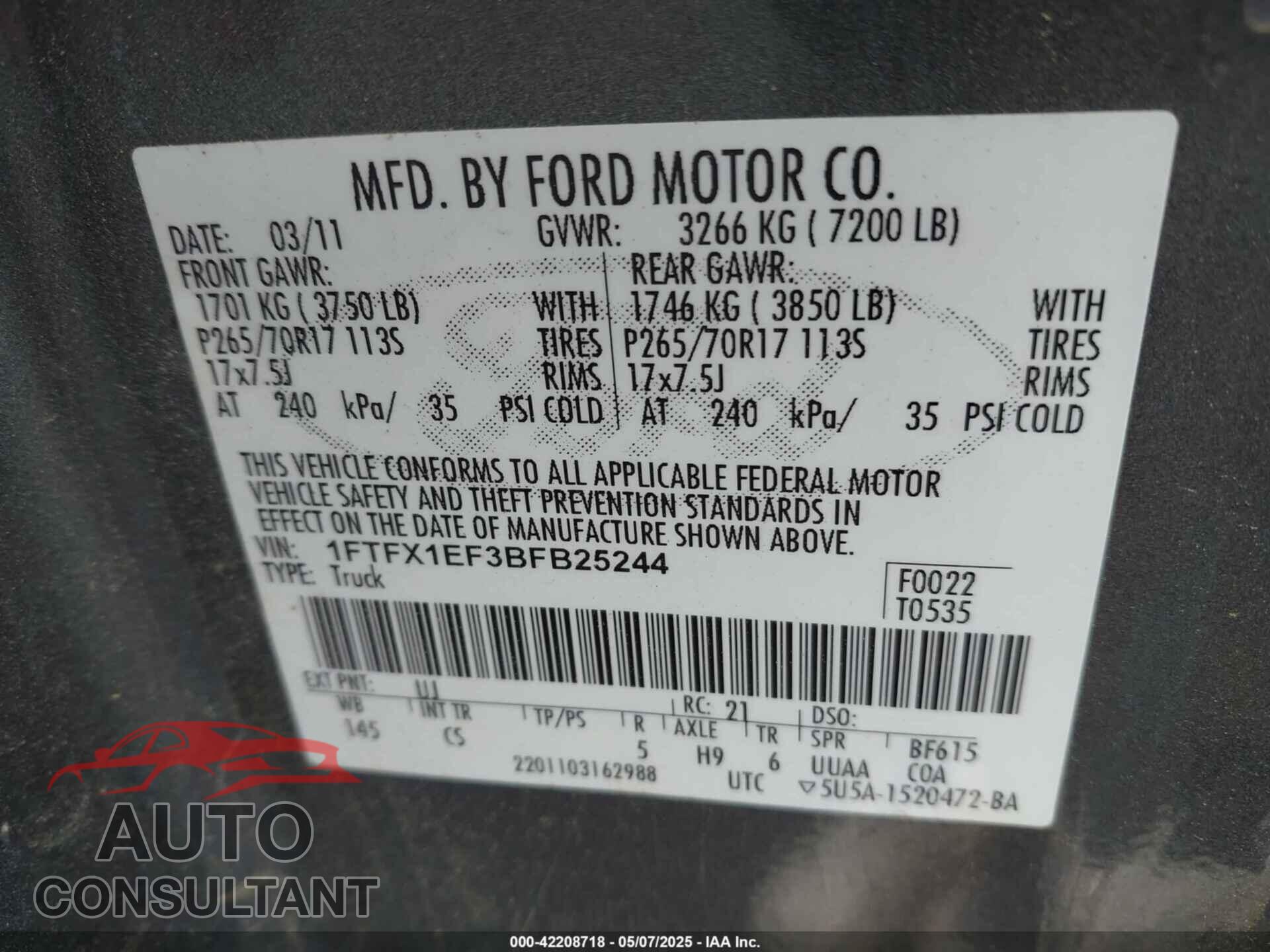 FORD F-150 2011 - 1FTFX1EF3BFB25244
