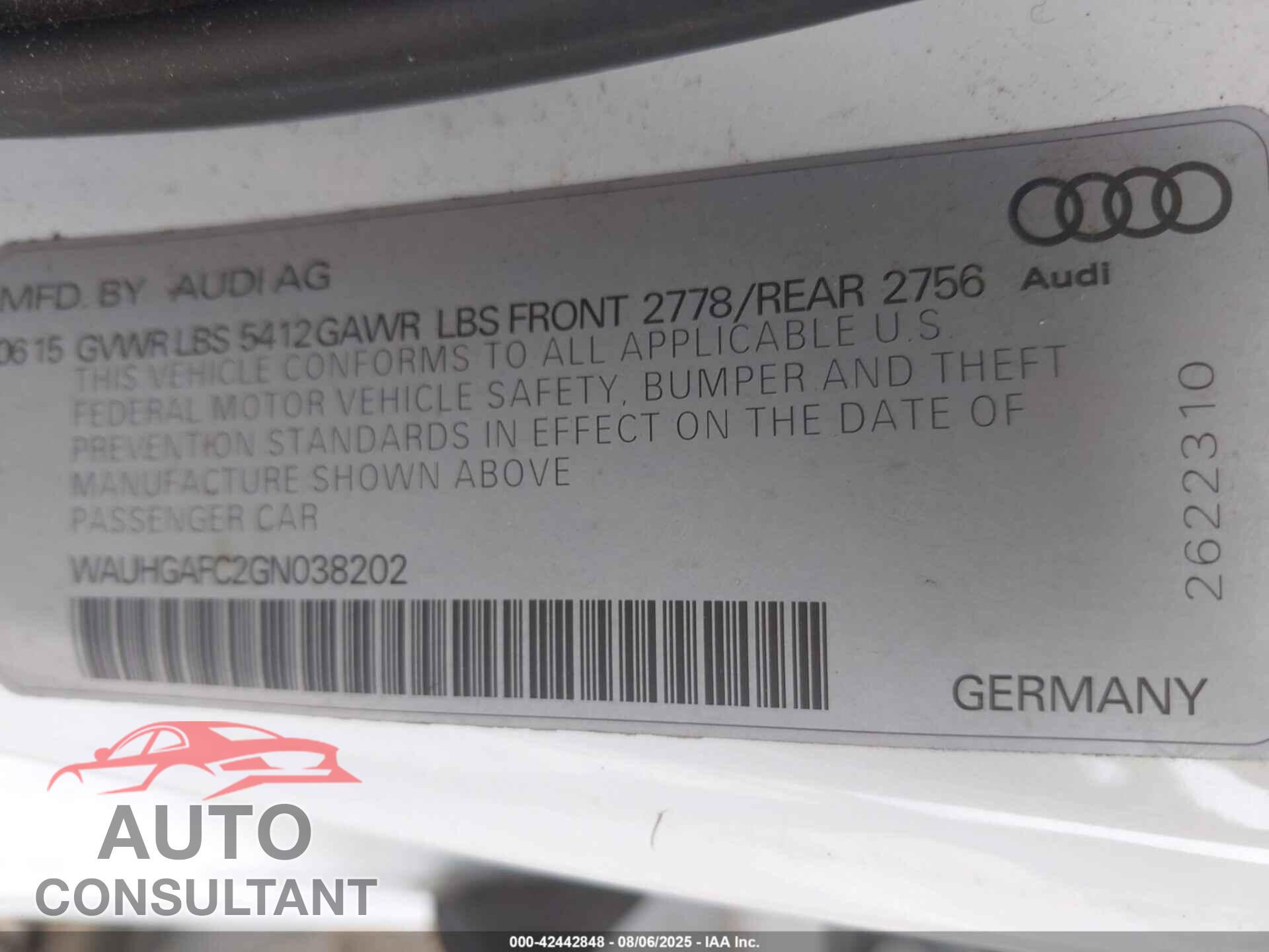 AUDI A6 2016 - WAUHGAFC2GN038202
