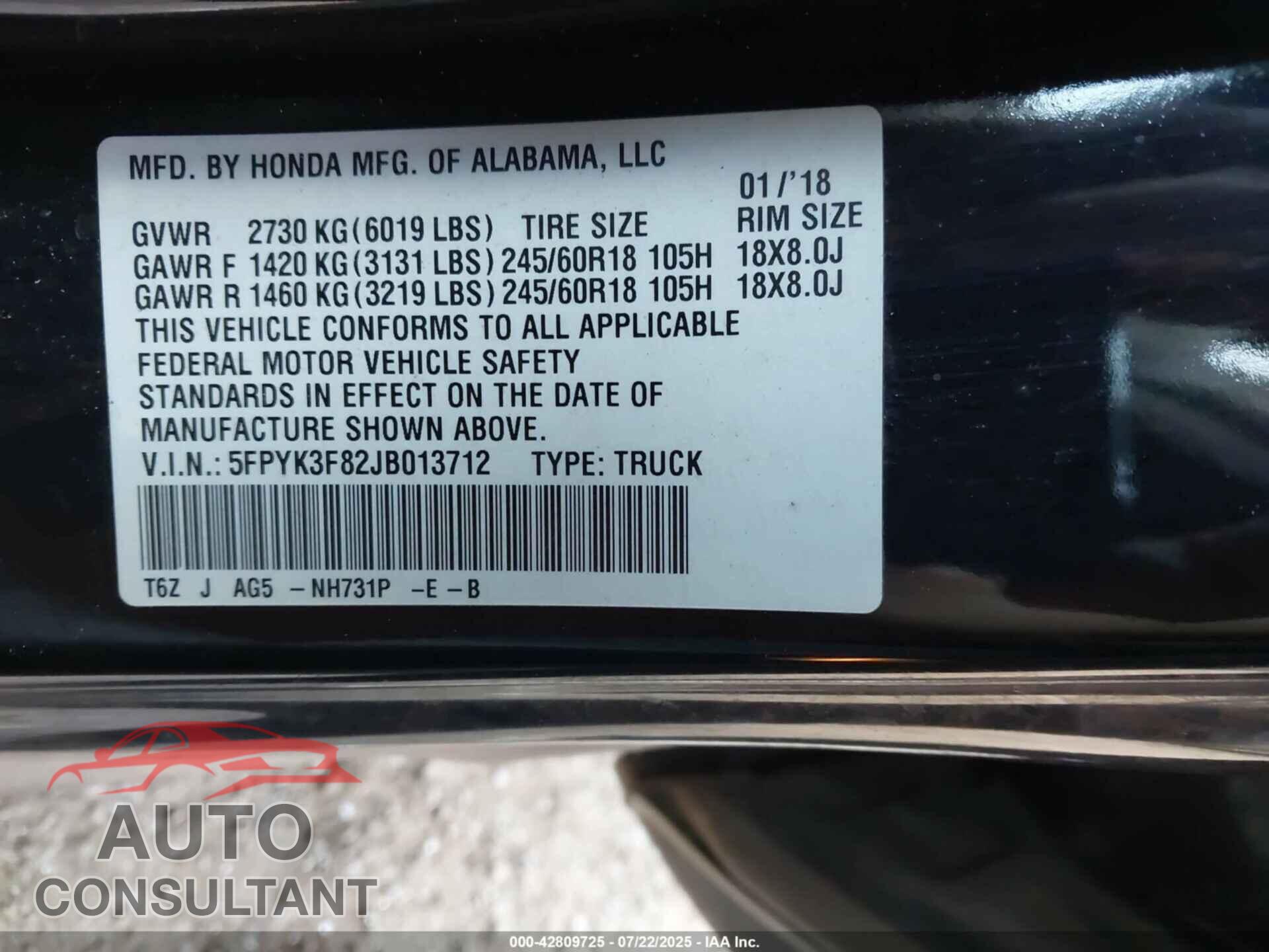 HONDA RIDGELINE 2018 - 5FPYK3F82JB013712