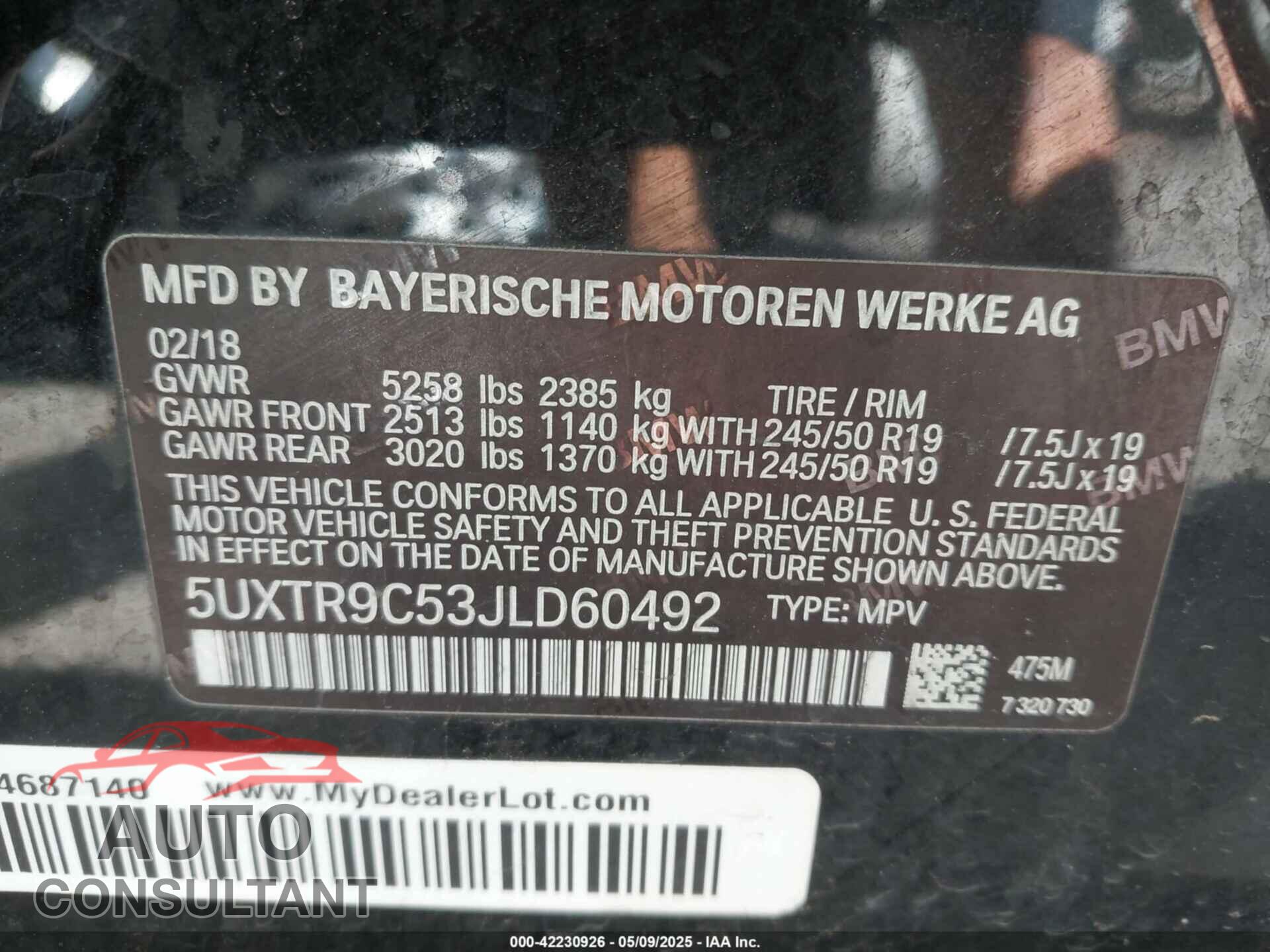 BMW X3 2018 - 5UXTR9C53JLD60492