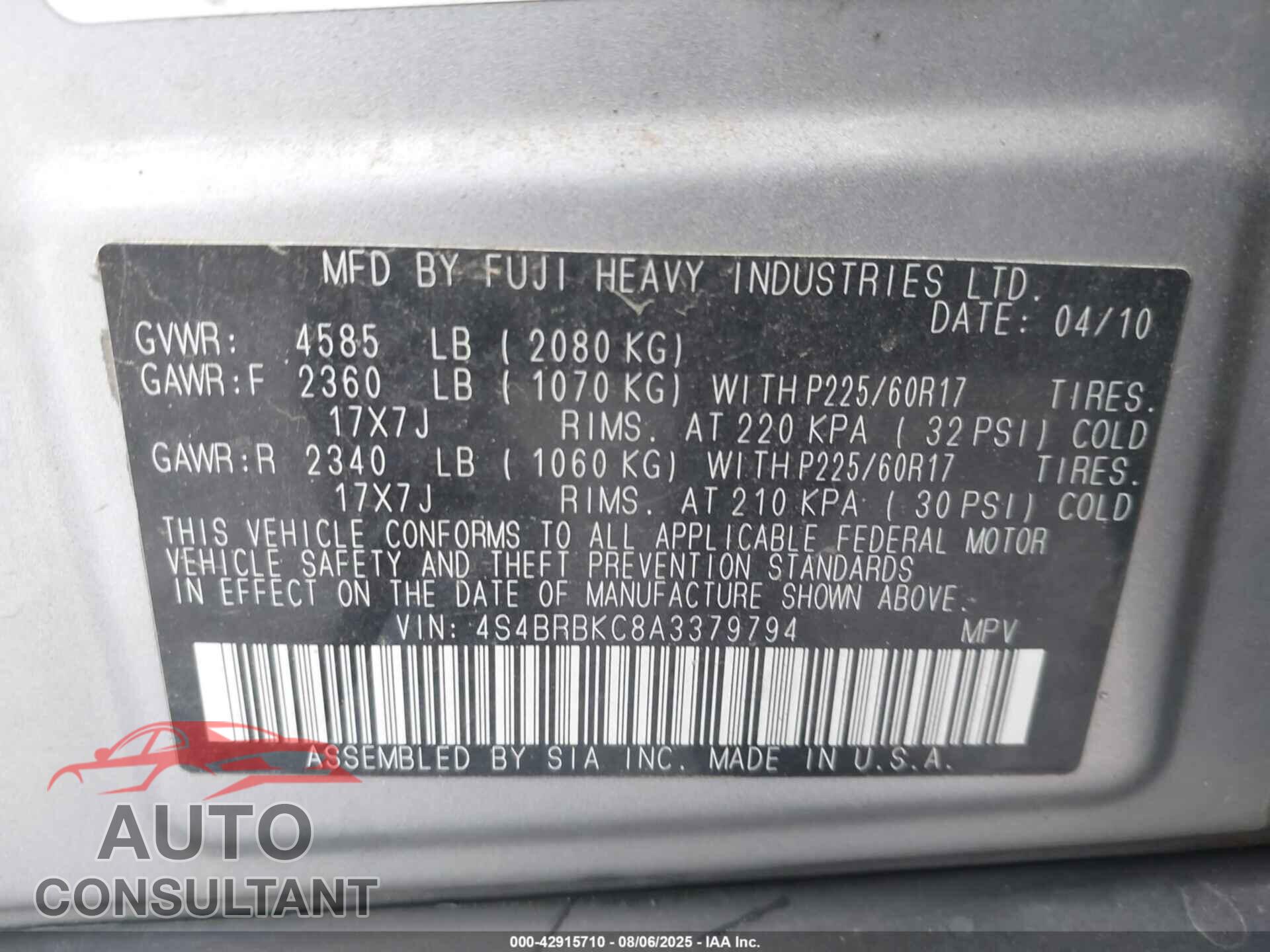 SUBARU OUTBACK 2010 - 4S4BRBKC8A3379794