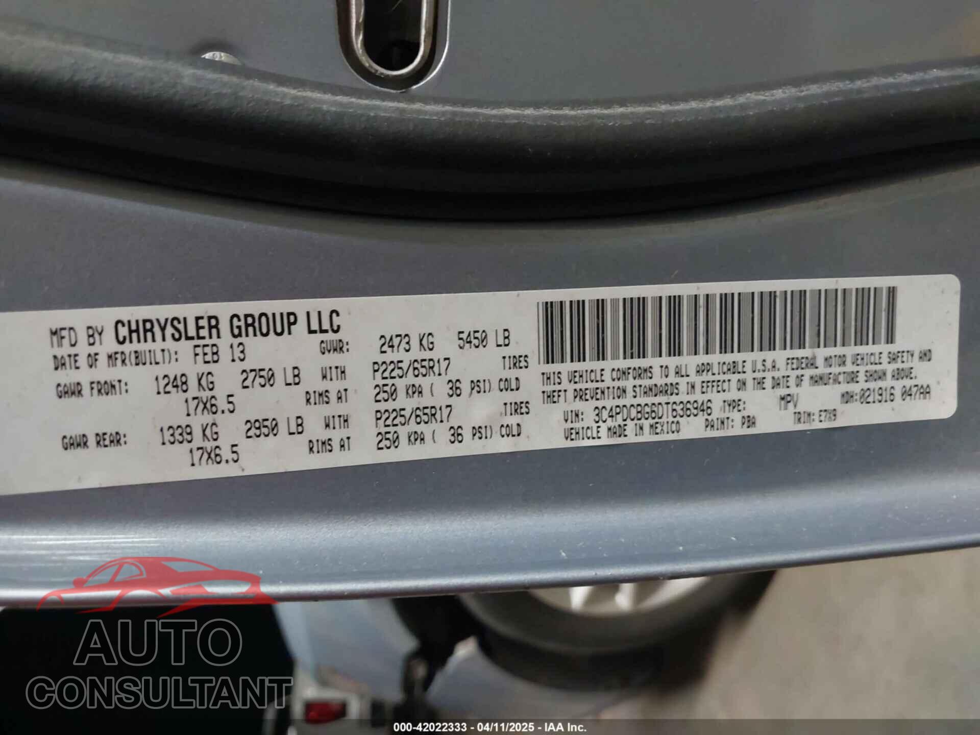 DODGE JOURNEY 2013 - 3C4PDCBG6DT636946