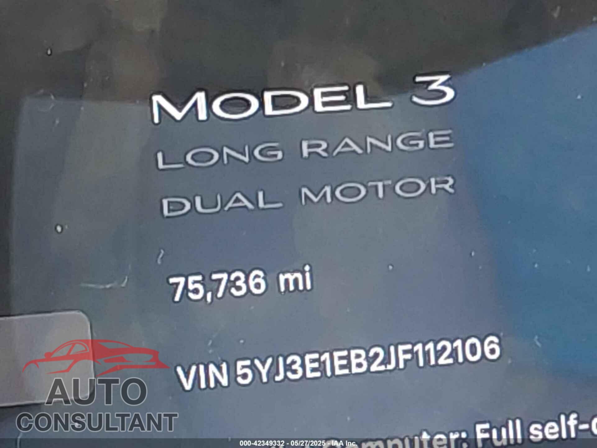 TESLA MODEL 3 2018 - 5YJ3E1EB2JF112106